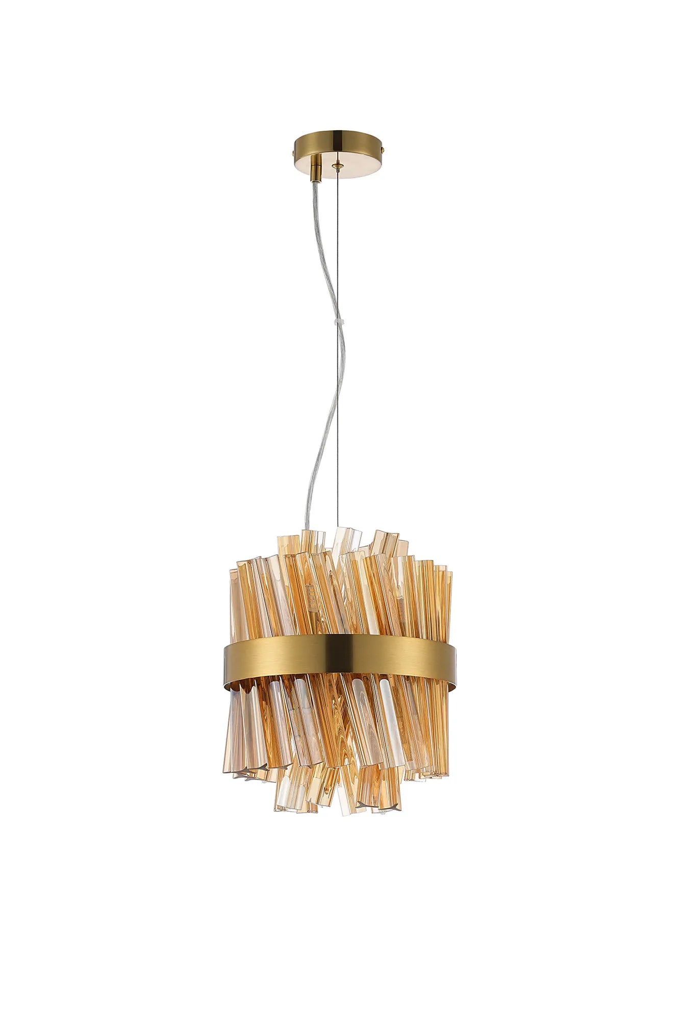 Farnley Pendant Round 6 Light - Brass & Amber Sculpted Glass