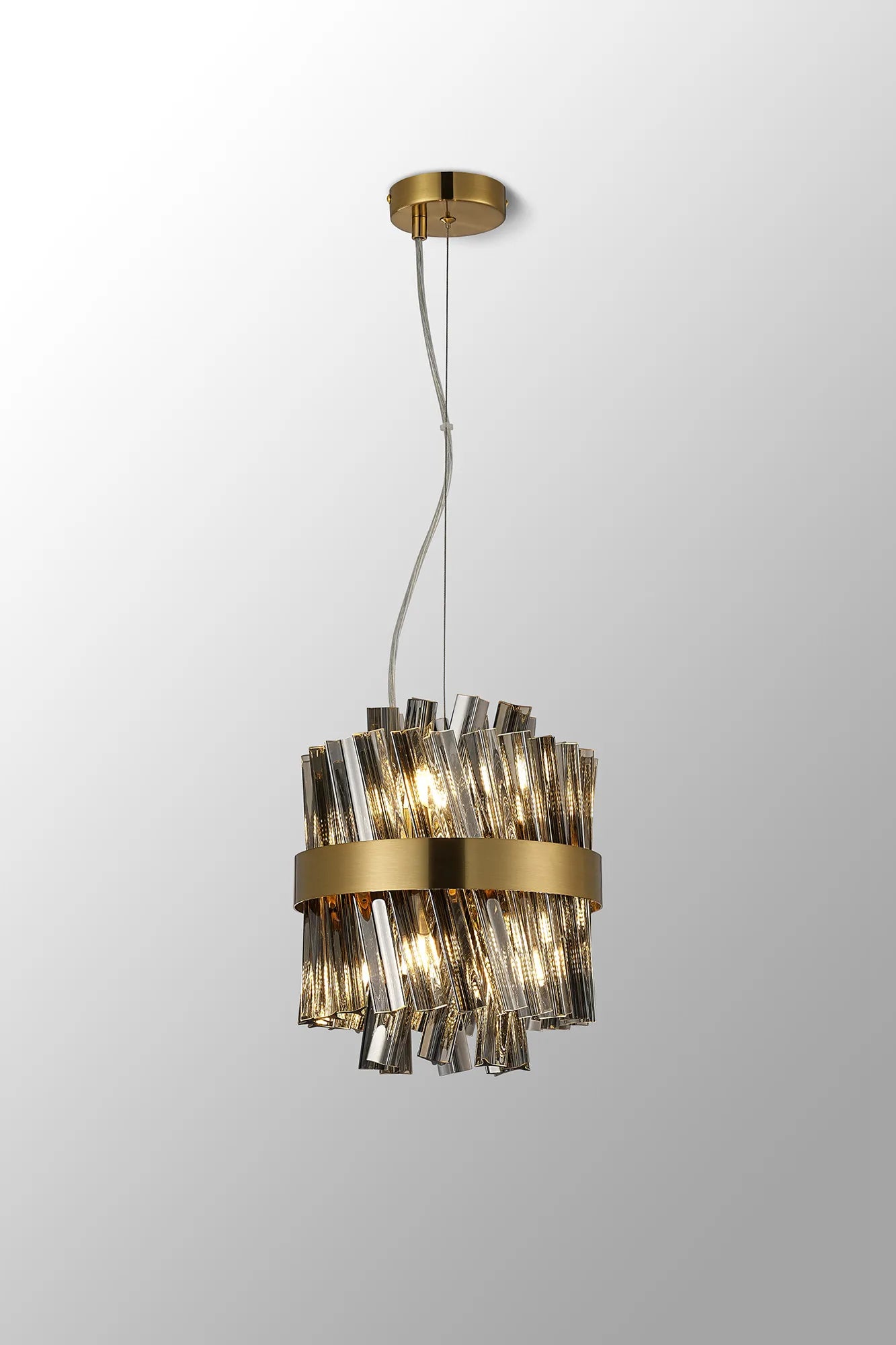 Farnley Pendant Round 6 Light - Brass & Smoke Sculpted Glass