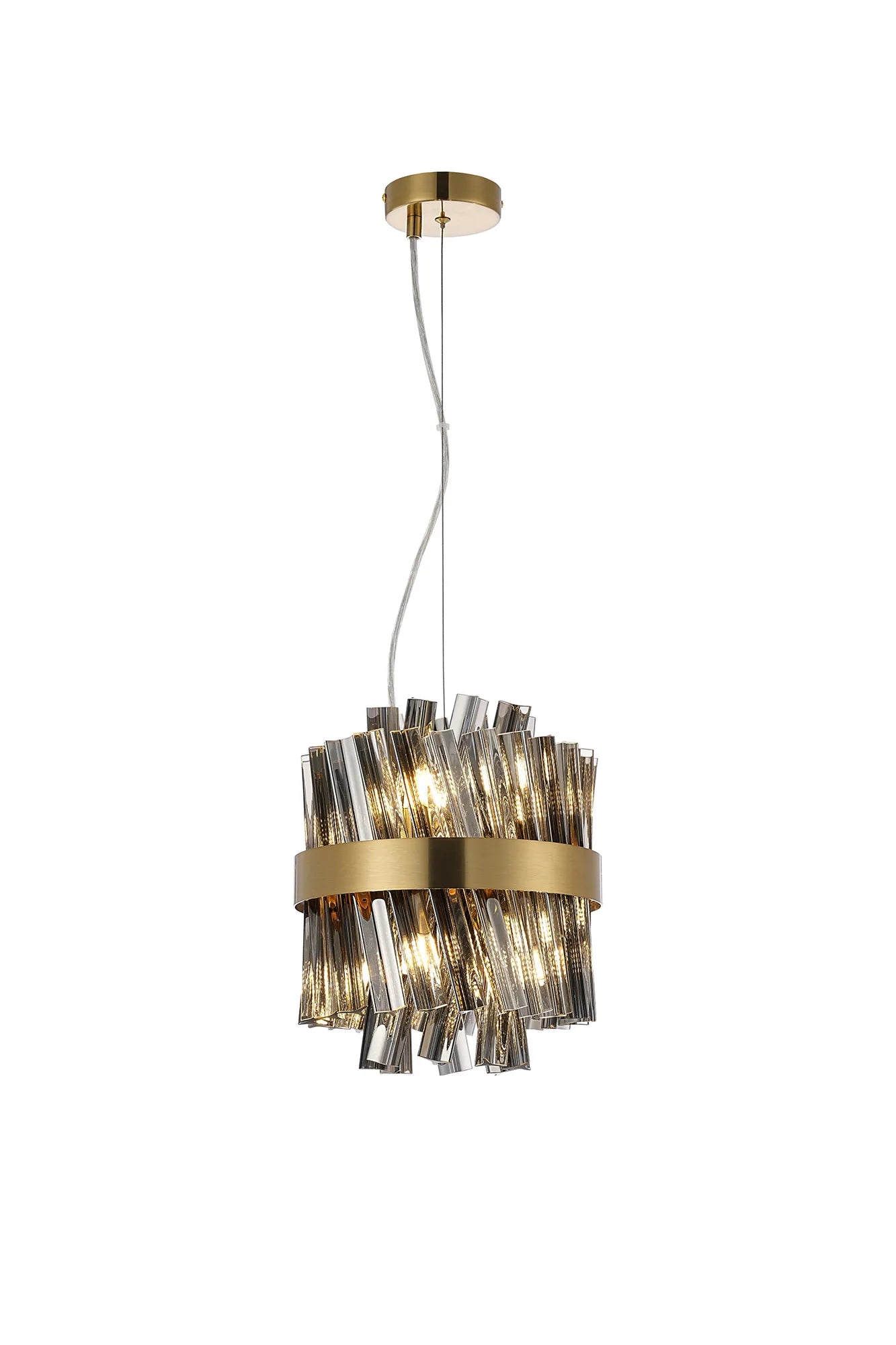 Farnley Pendant Round 6 Light - Brass & Smoke Sculpted Glass