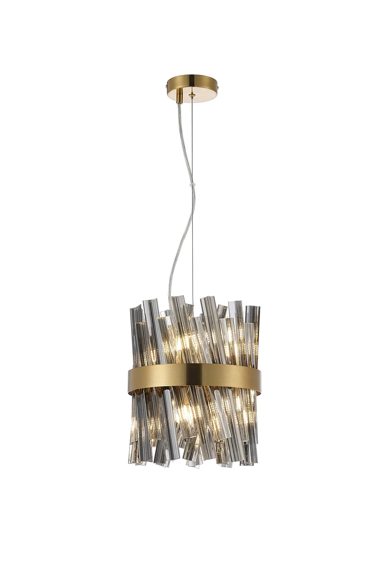Farnley Pendant Round 6 Light - Brass & Smoke Sculpted Glass