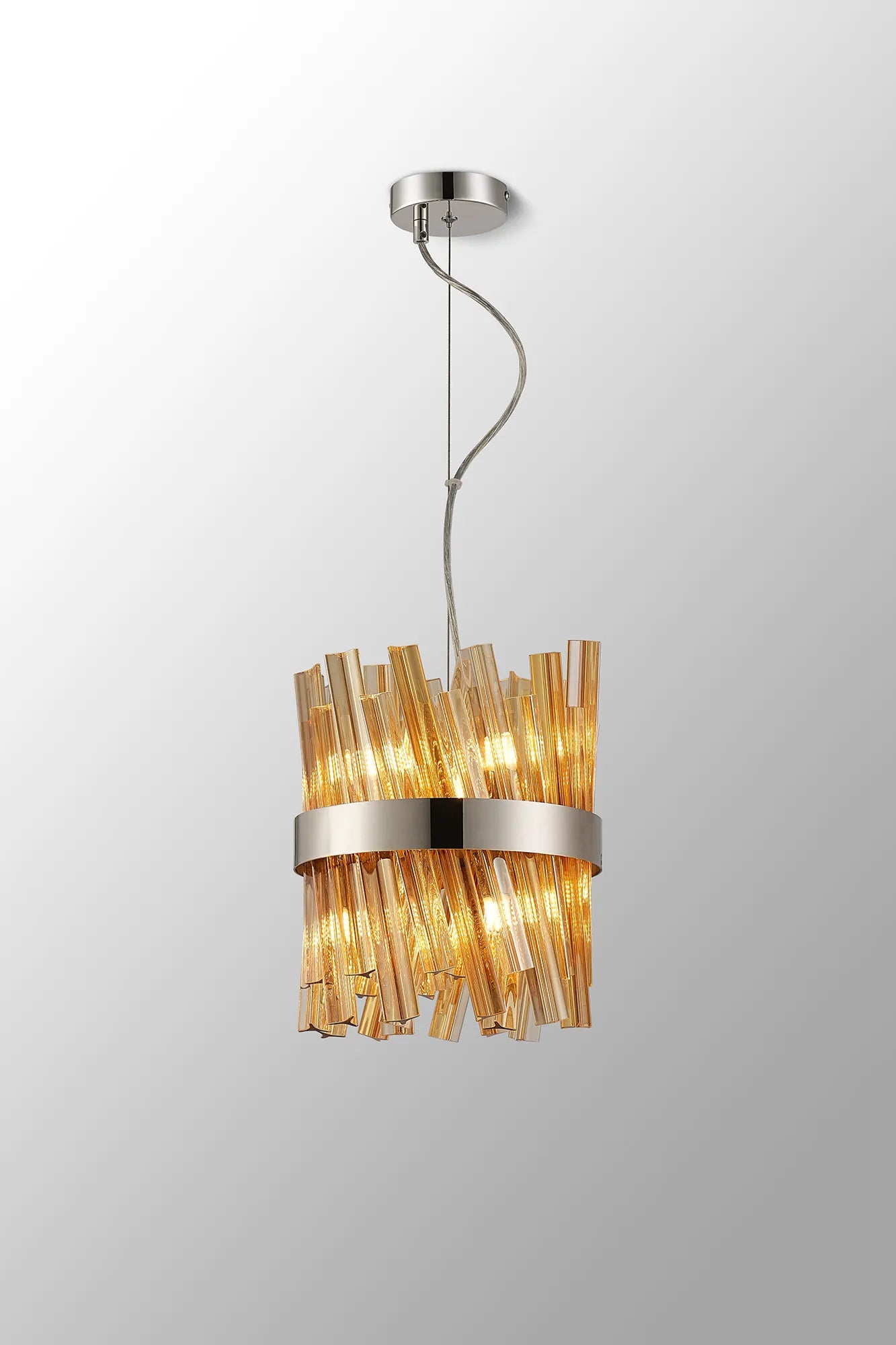 Farnley Pendant Round 6 Light - Polished Nickel & Amber Sculpted Glass