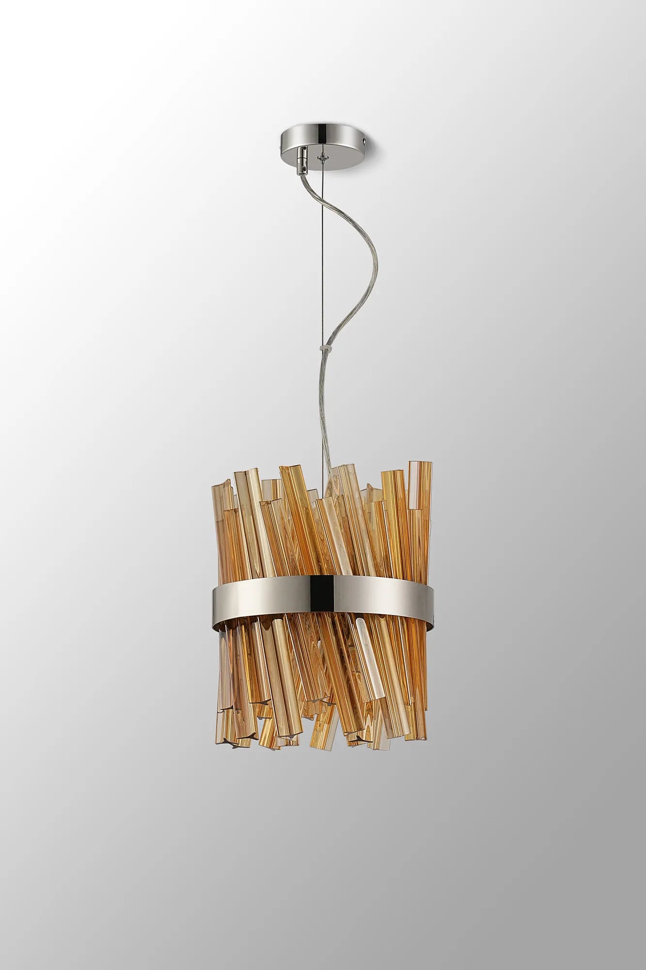 Farnley Pendant Round 6 Light - Polished Nickel & Amber Sculpted Glass