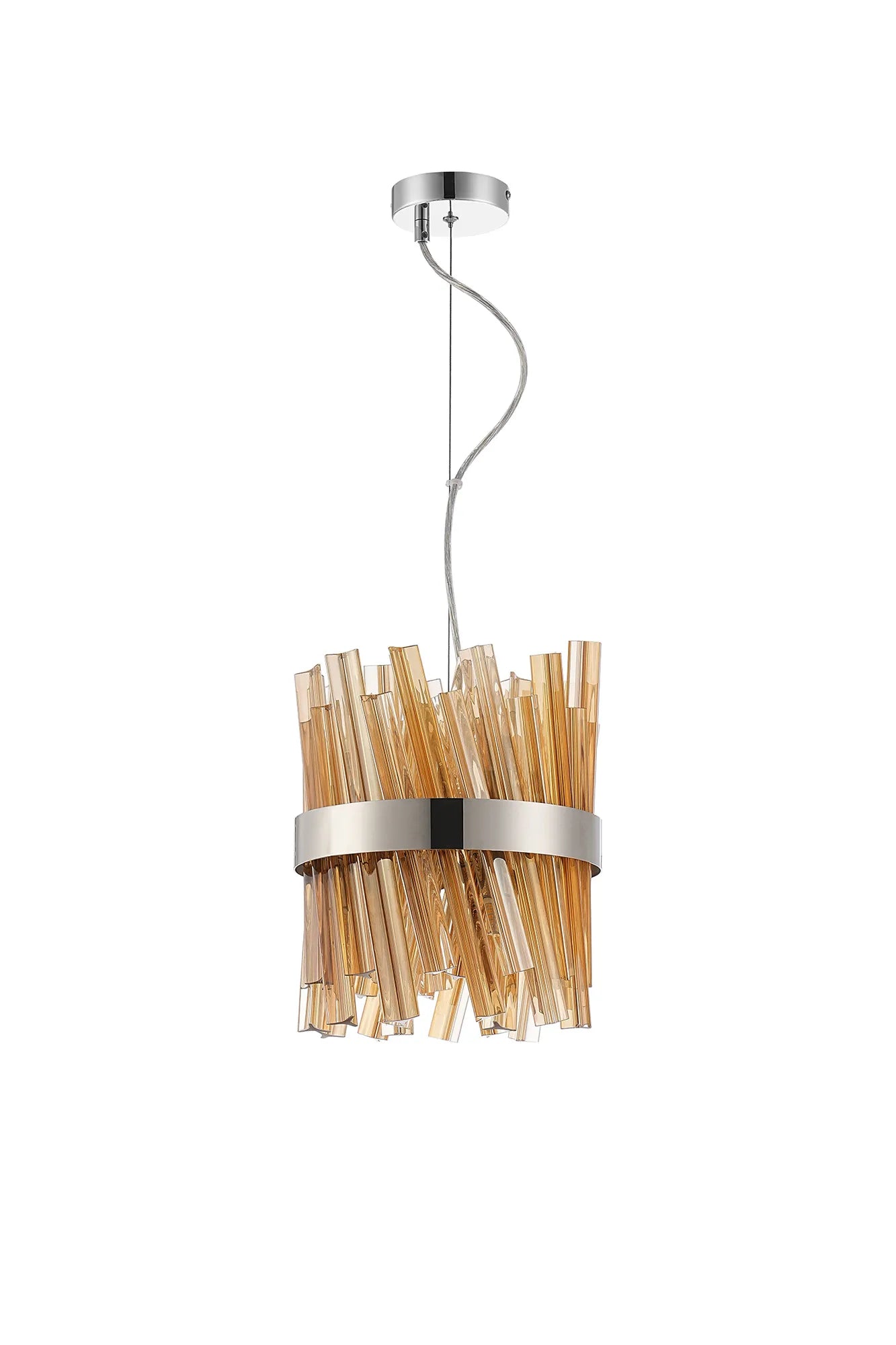 Farnley Pendant Round 6 Light - Polished Nickel & Amber Sculpted Glass