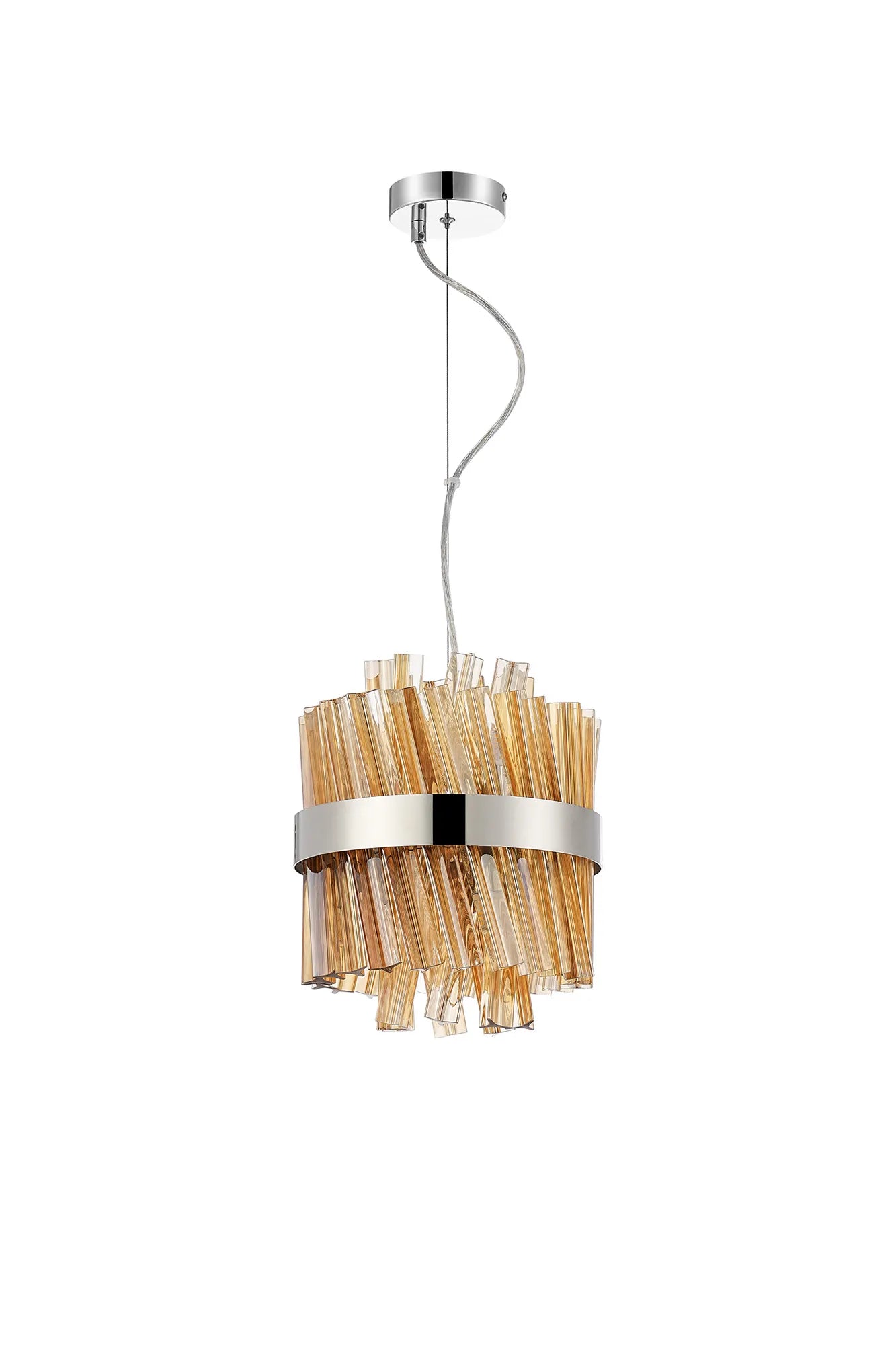 Farnley Pendant Round 6 Light - Polished Nickel & Amber Sculpted Glass