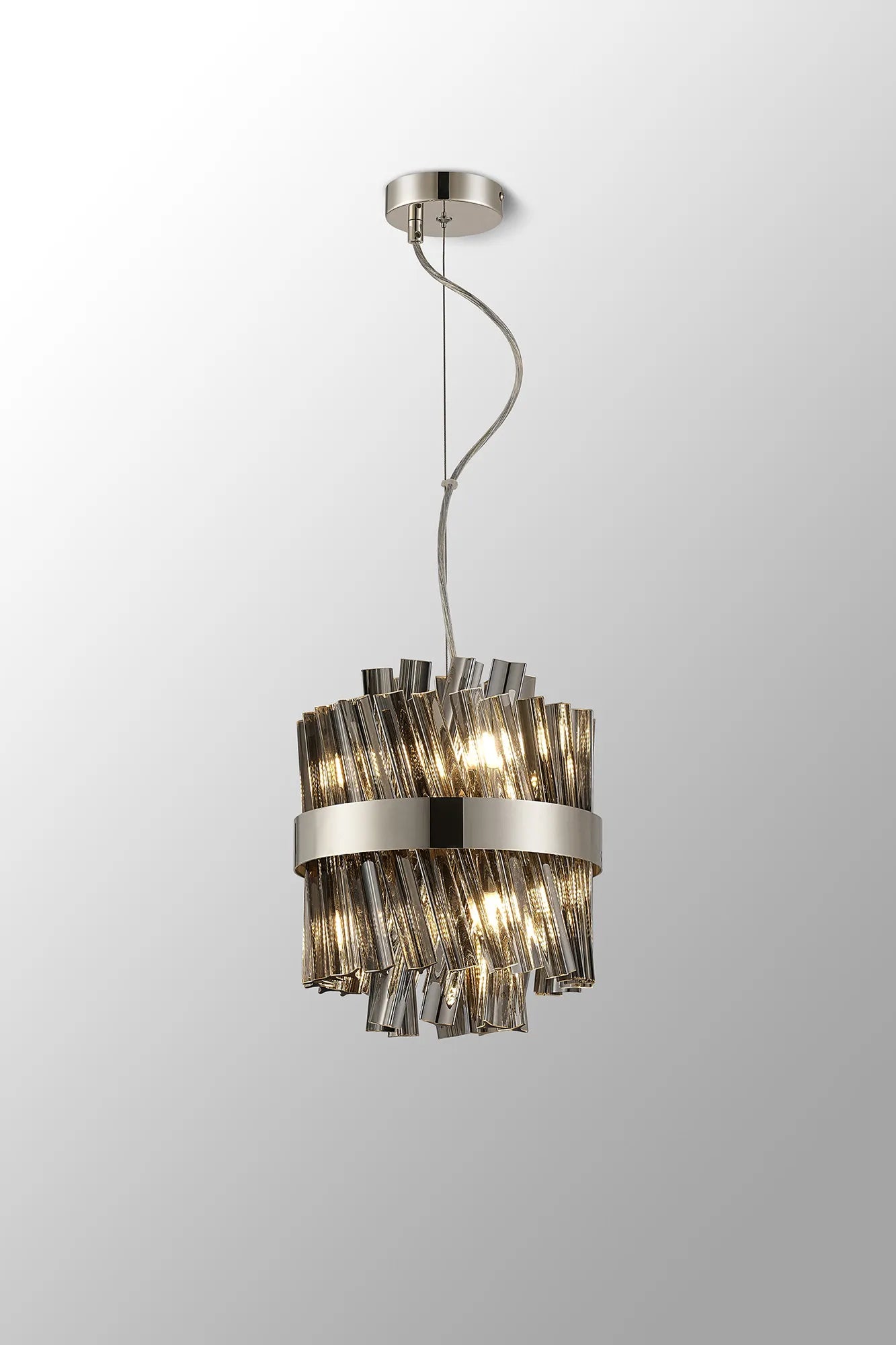 Farnley Pendant Round 6 Light - Polished Nickel & Smoke Sculpted Glass