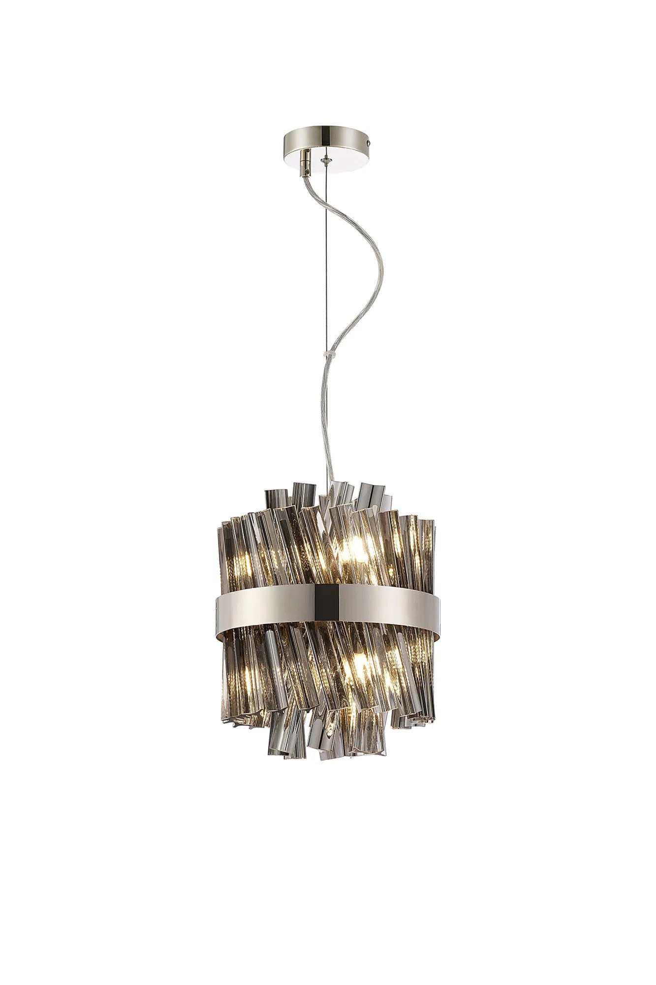 Farnley Pendant Round 6 Light - Polished Nickel & Smoke Sculpted Glass