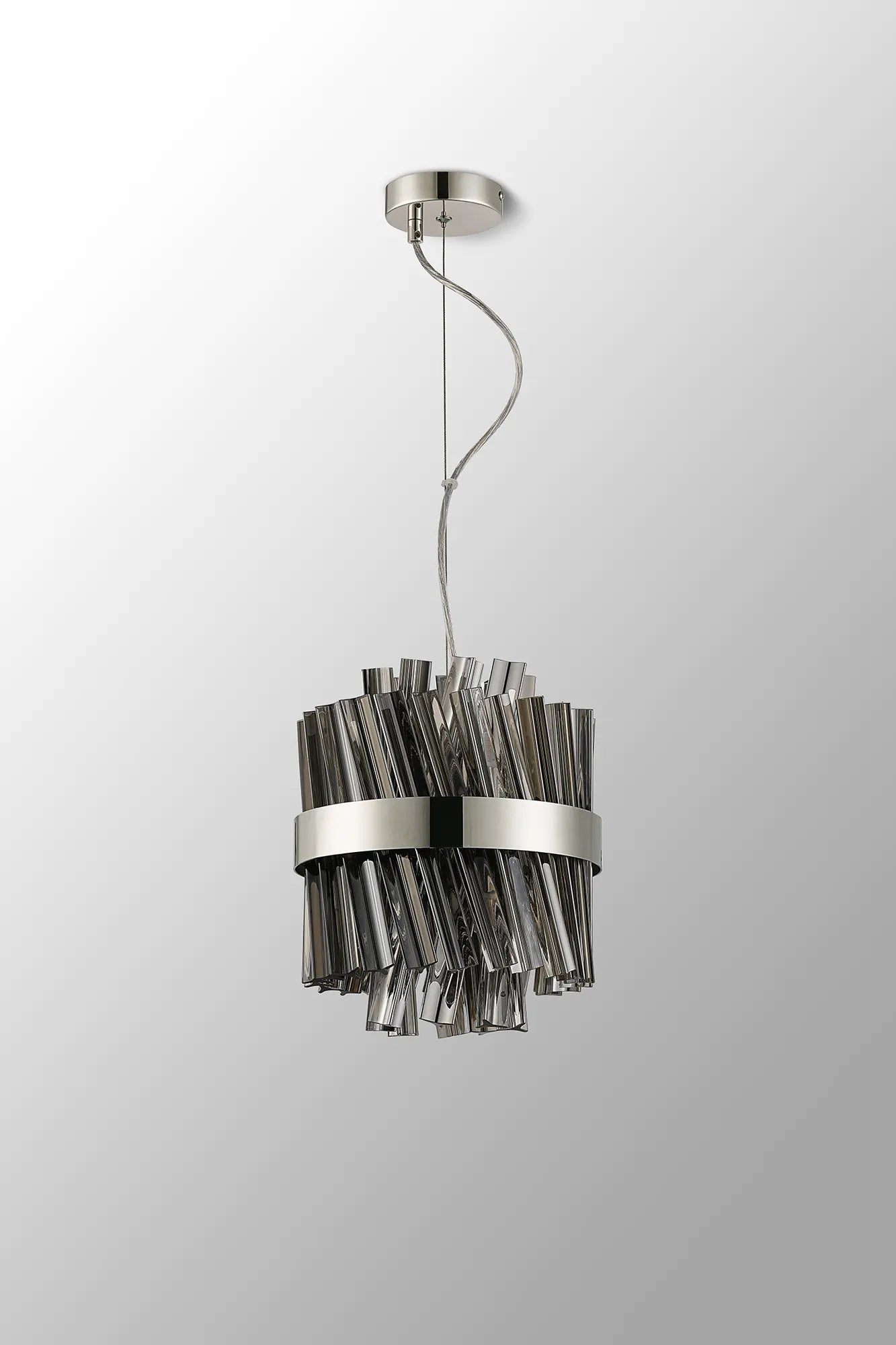 Farnley Pendant Round 6 Light - Polished Nickel & Smoke Sculpted Glass