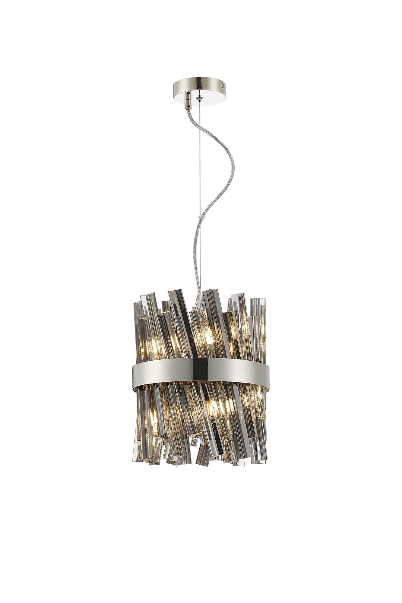 Farnley Pendant Round 6 Light - Polished Nickel & Smoke Sculpted Glass