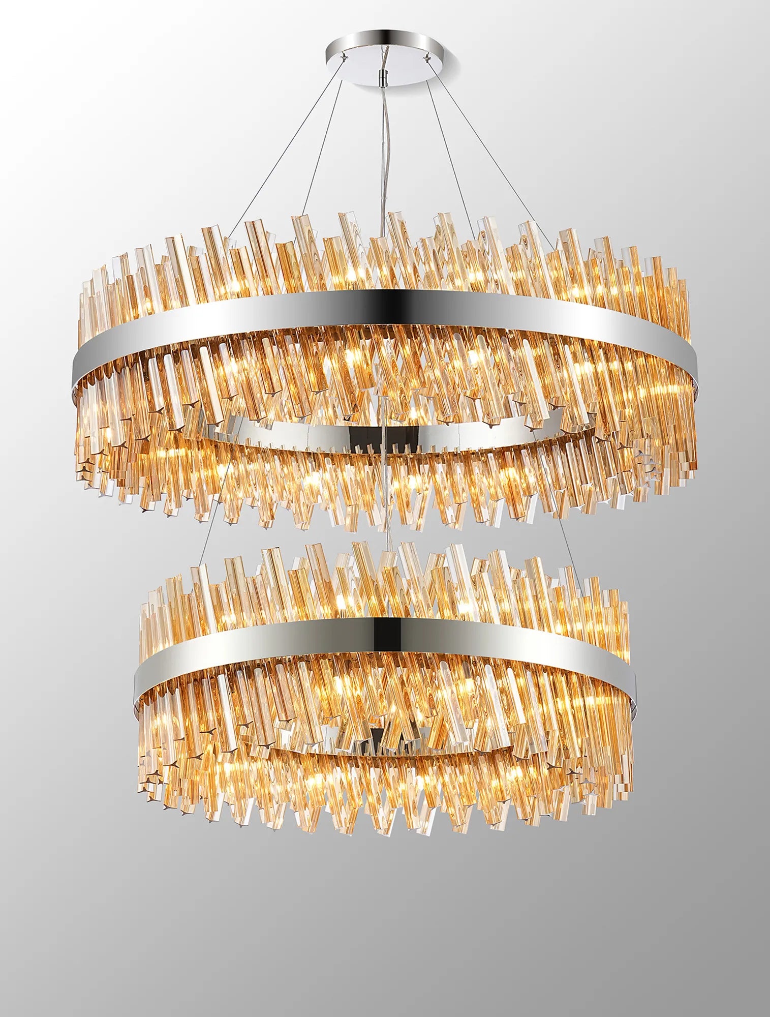 Farnley 2 Tier 1m Pendant 32 Light - Polished Nickel & Amber