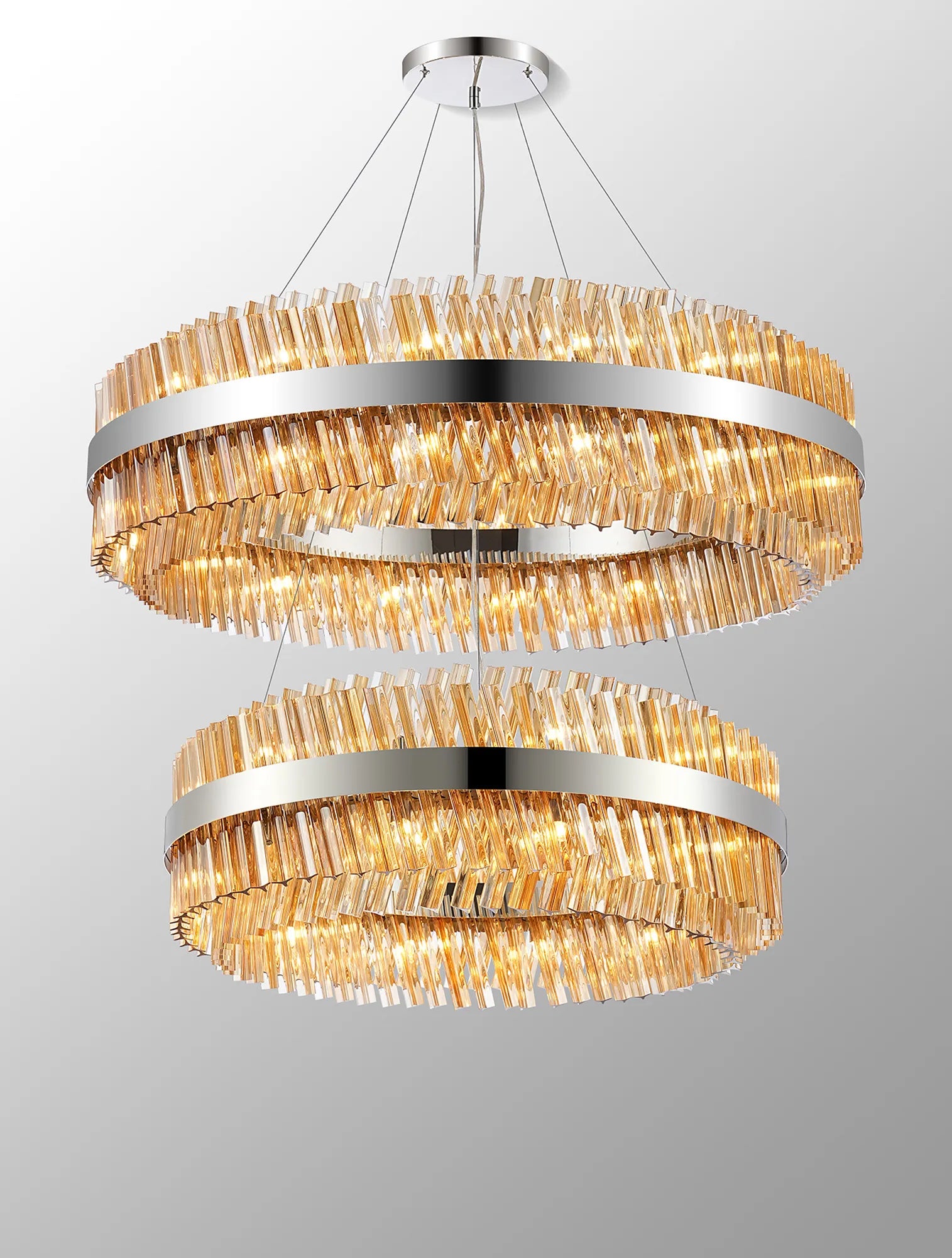 Farnley 2 Tier 1m Pendant 32 Light - Polished Nickel & Amber
