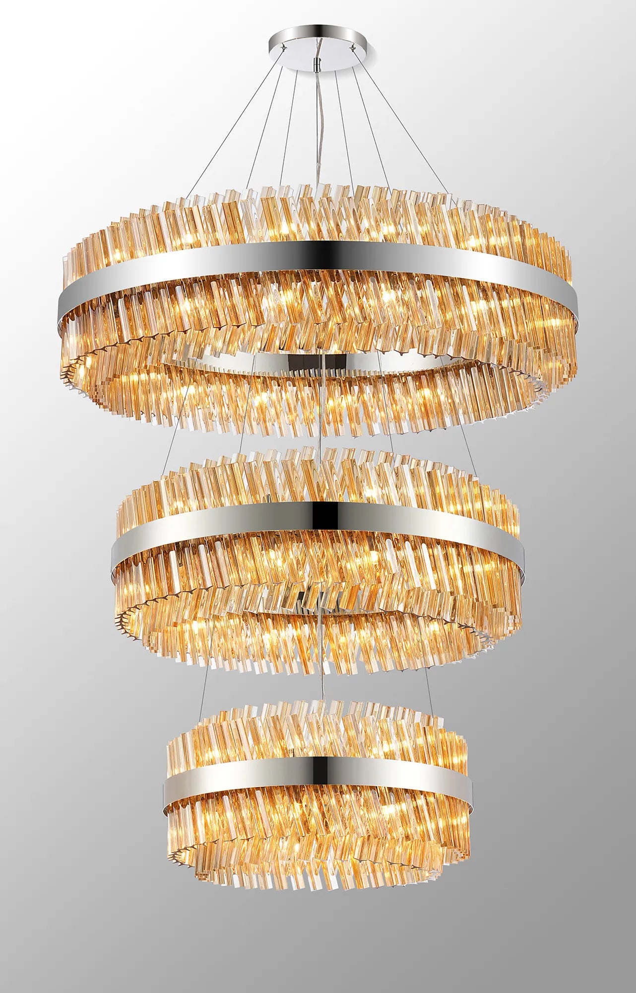 Farnley 3 Tier 1m Pendant 32 Light - Polished Nickel & Amber