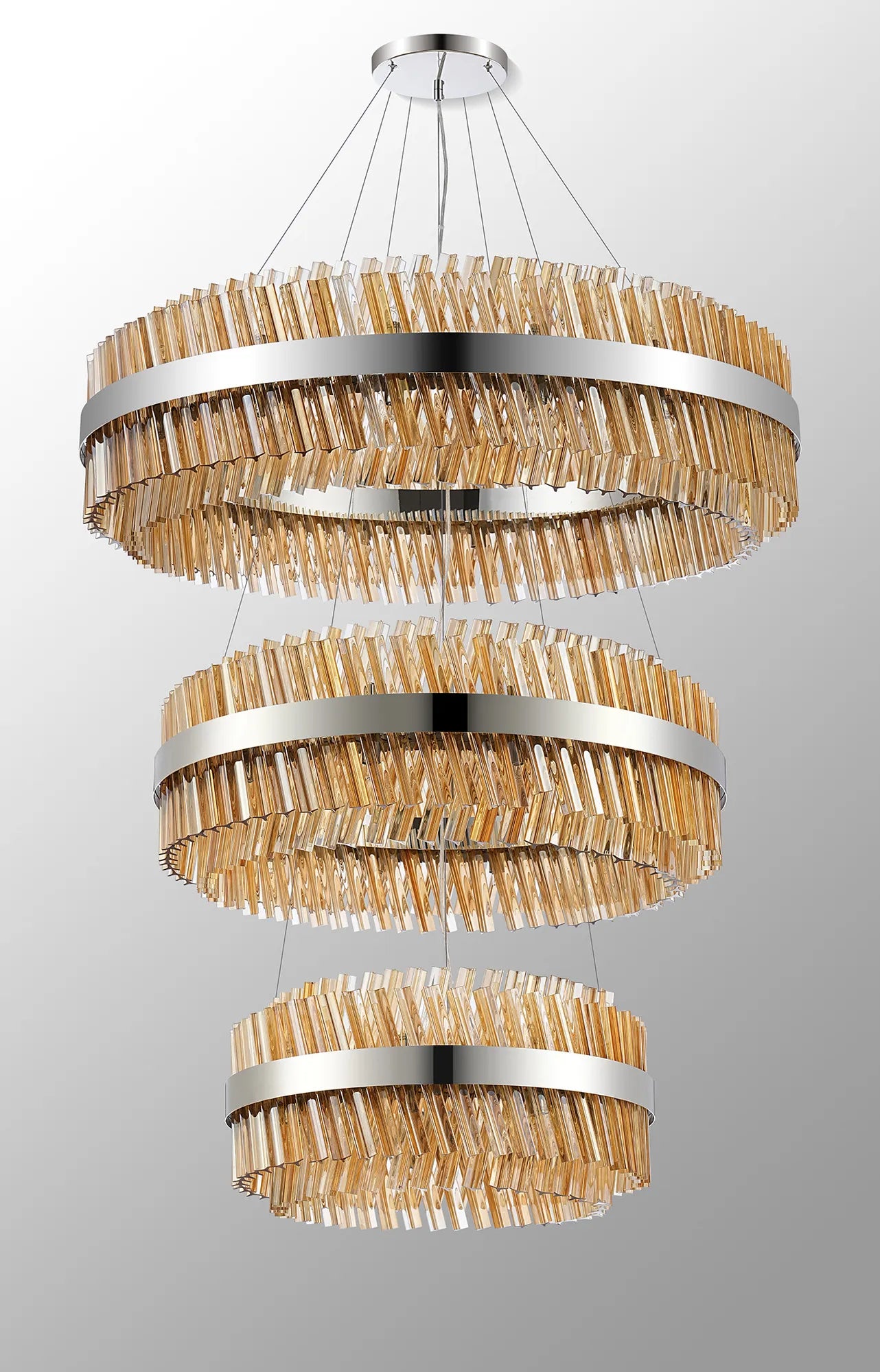 Farnley 3 Tier 1m Pendant 32 Light - Polished Nickel & Amber