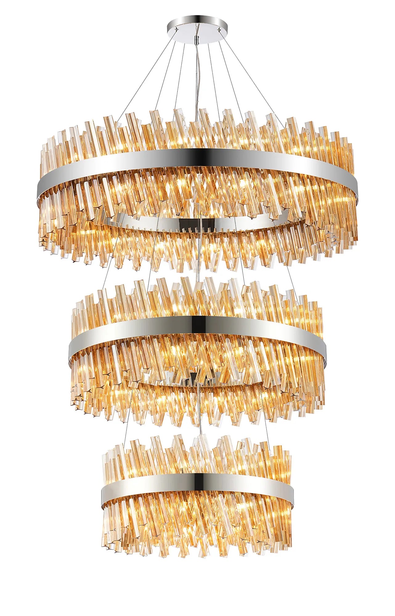 Farnley 3 Tier 1m Pendant 32 Light - Polished Nickel & Amber