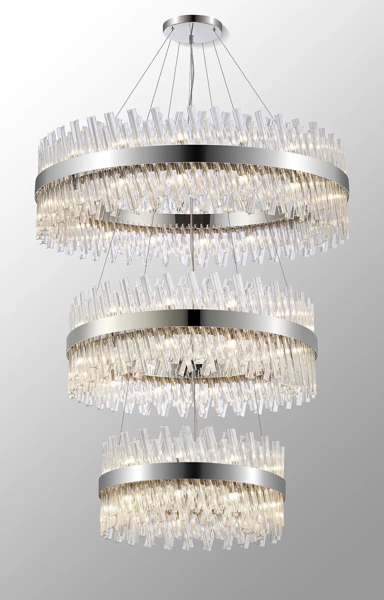 Farnley 3 Tier 1m Pendant 32 Light - Polished Nickel & Clear