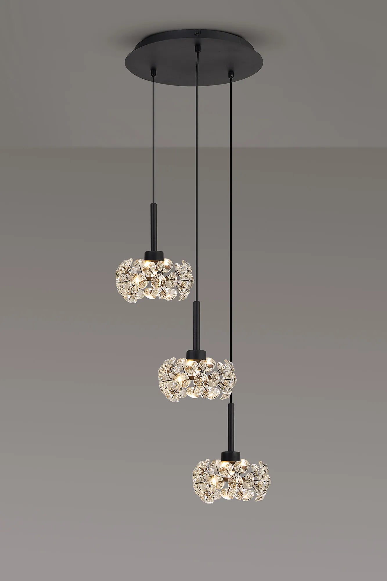 Grosvenor 3 Light Round Pendant - Satin Black & Crystal Shade