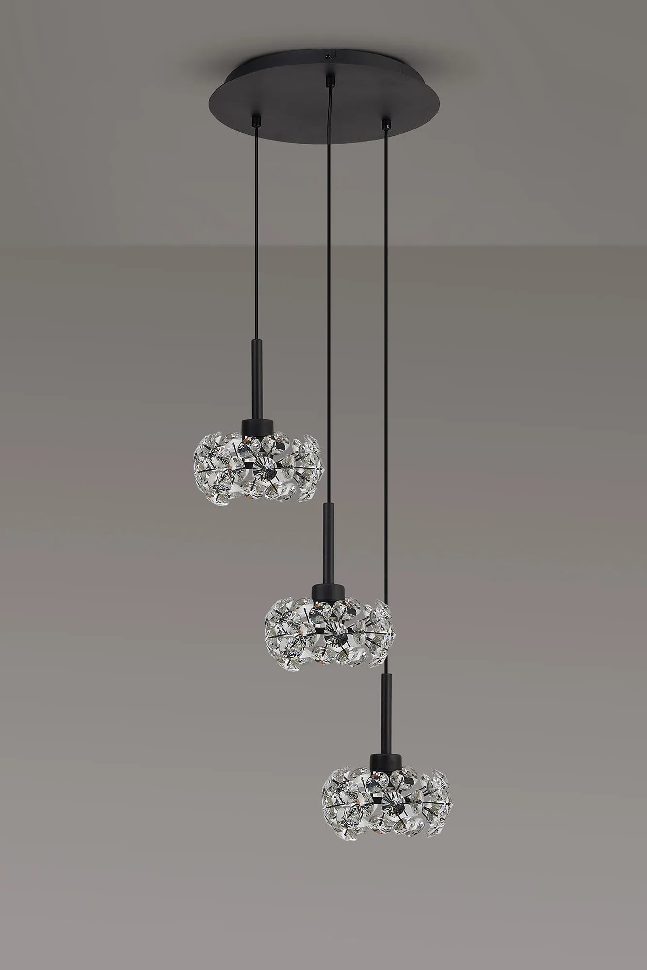 Grosvenor 3 Light Round Pendant - Satin Black & Crystal Shade