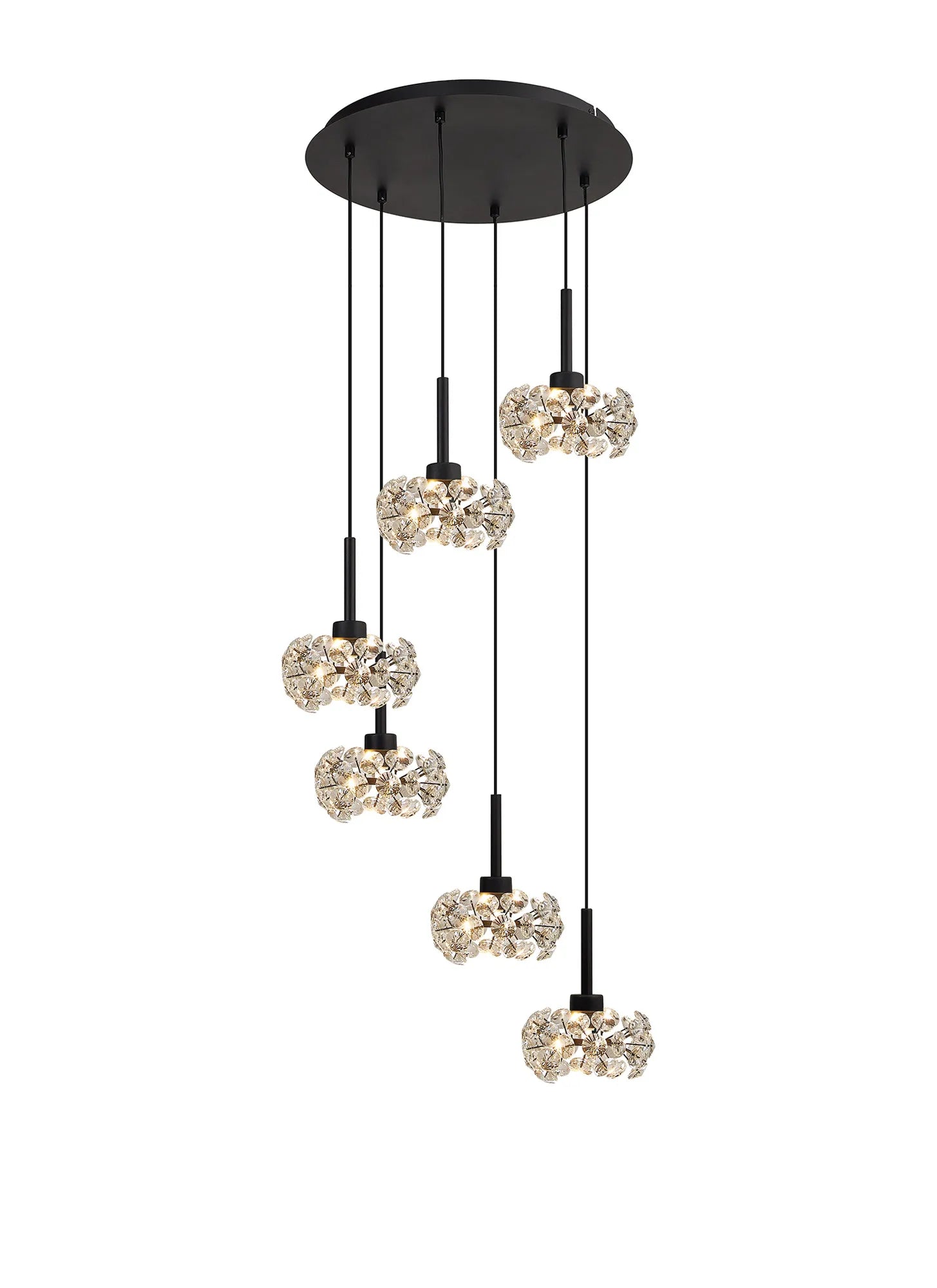 Grosvenor 6 Light Round Multiple Pendant - Satin Black & Crystal Shade