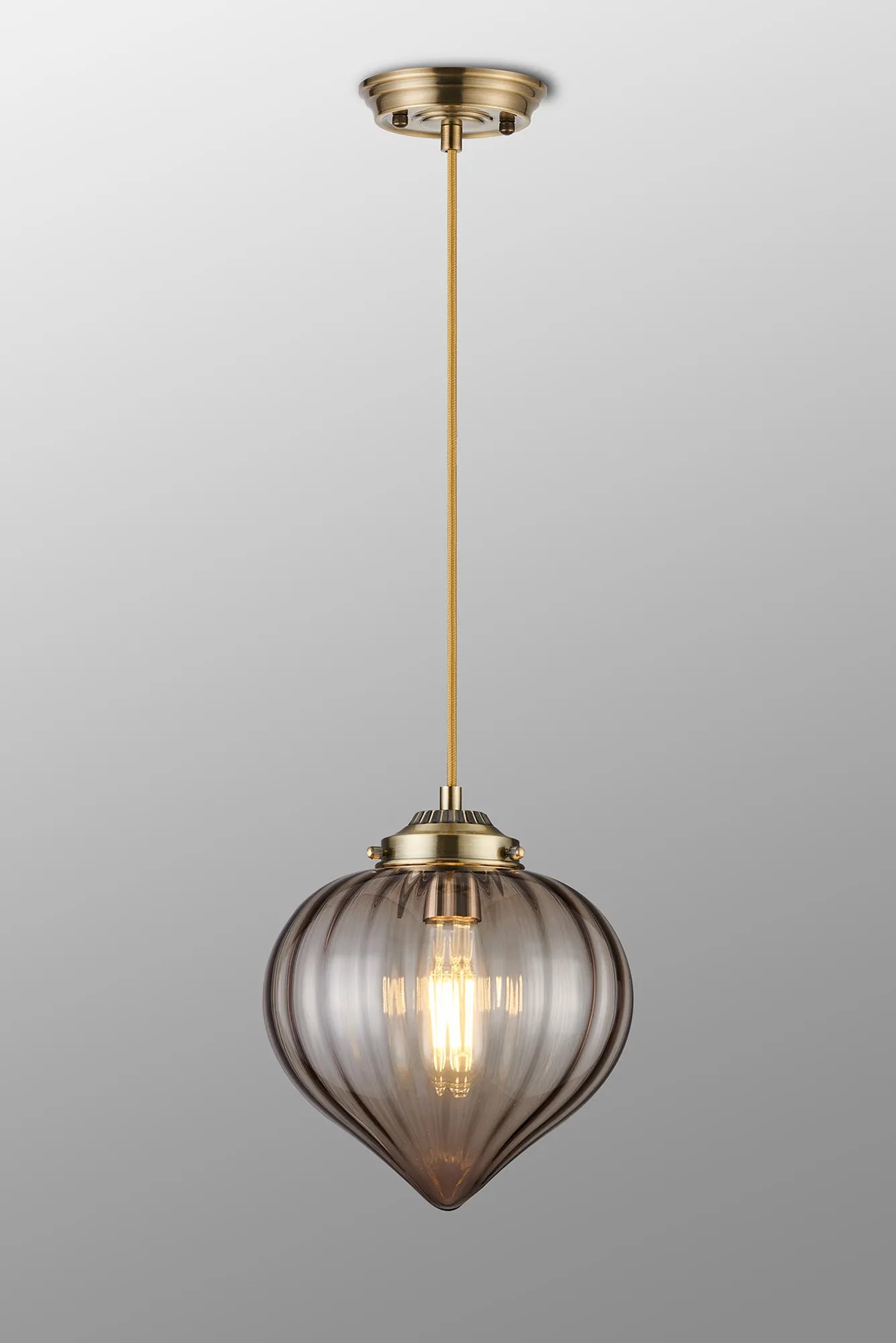 Grove Single Pendant with Flower Bud Shade - Antique Brass & Golden Brown Braided Cable & Cognac