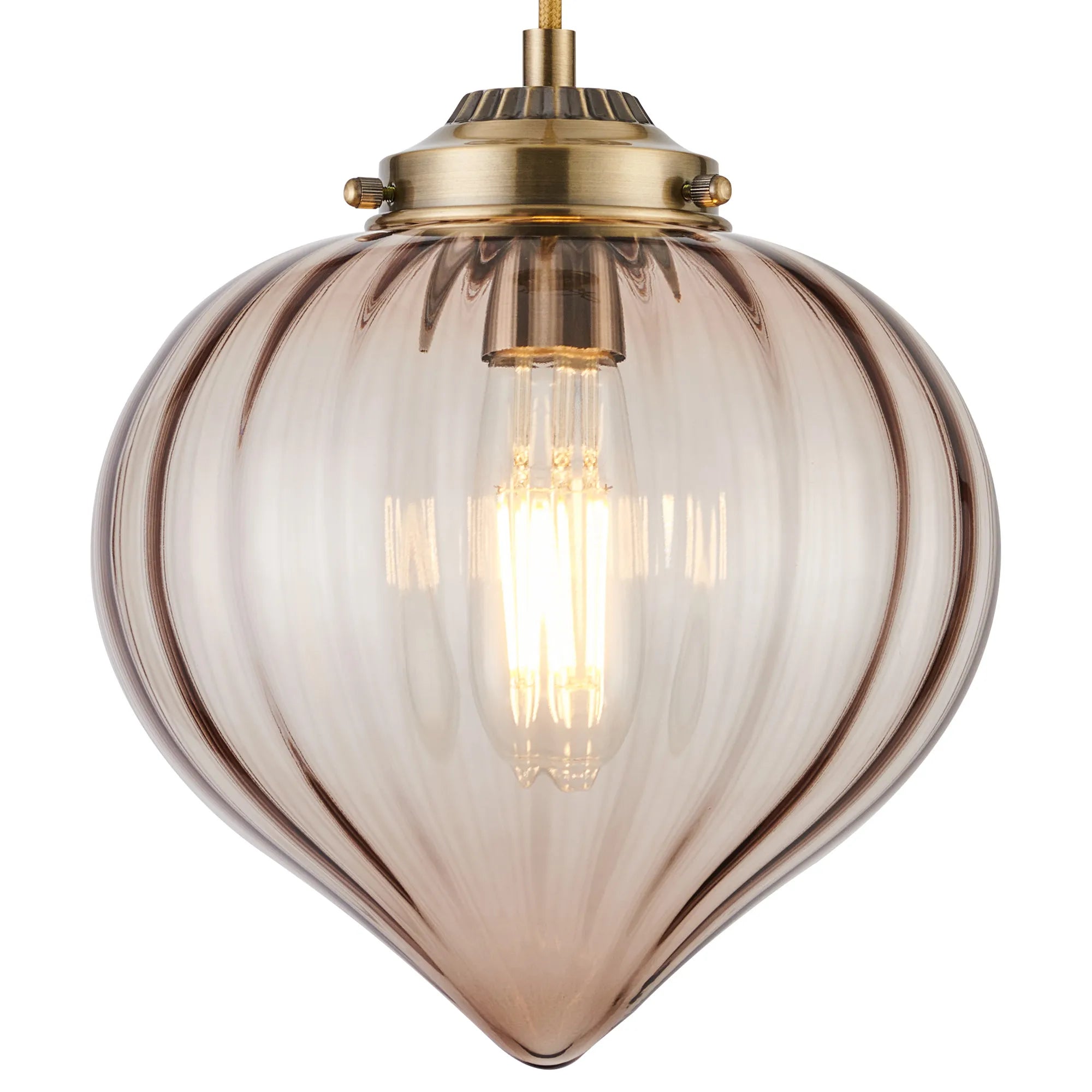 Grove Single Pendant with Flower Bud Shade - Antique Brass & Golden Brown Braided Cable & Cognac