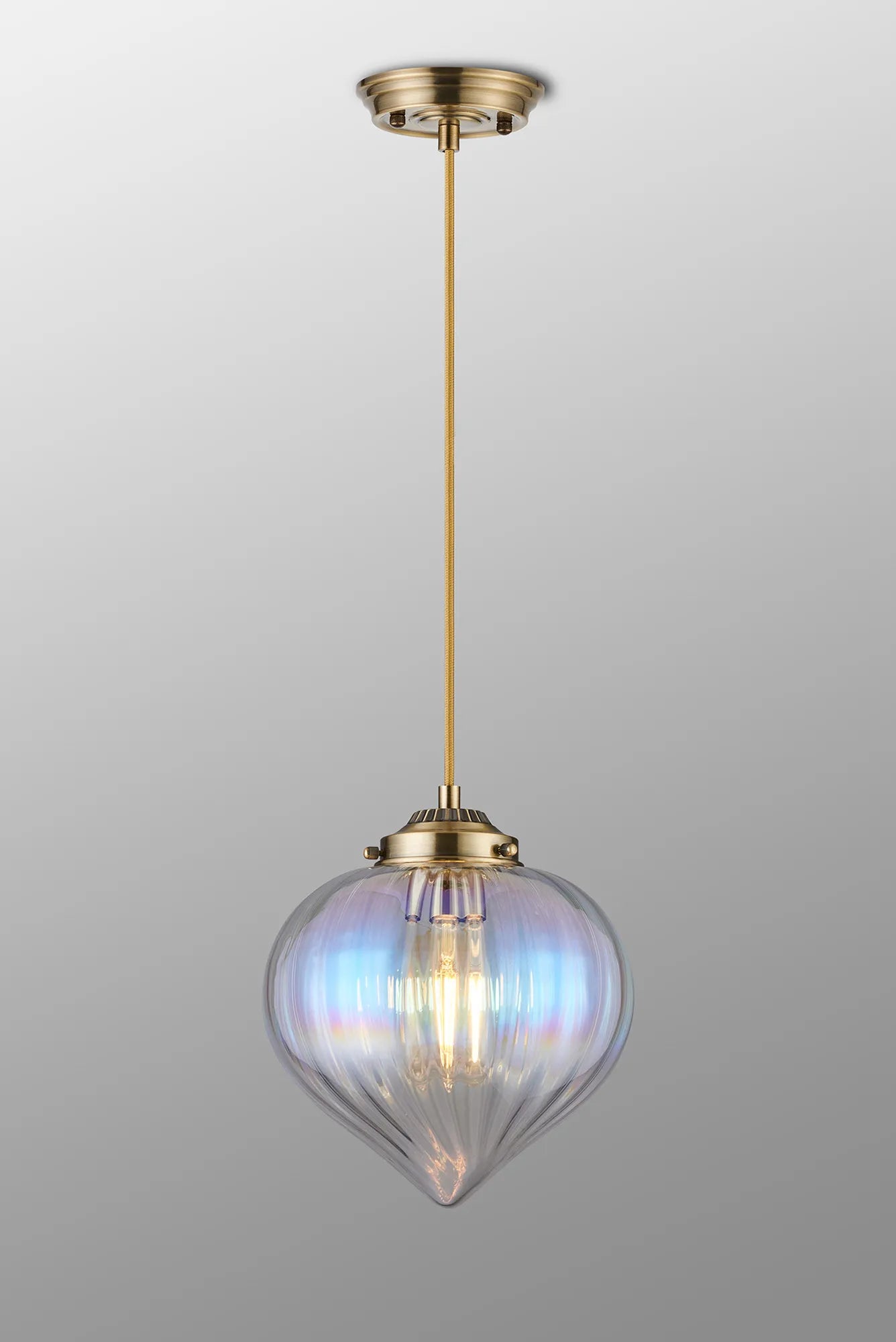 Grove Single Pendant with Flower Bud Shade - Antique Brass & Golden Brown Braided Cable & Iridescent Faded