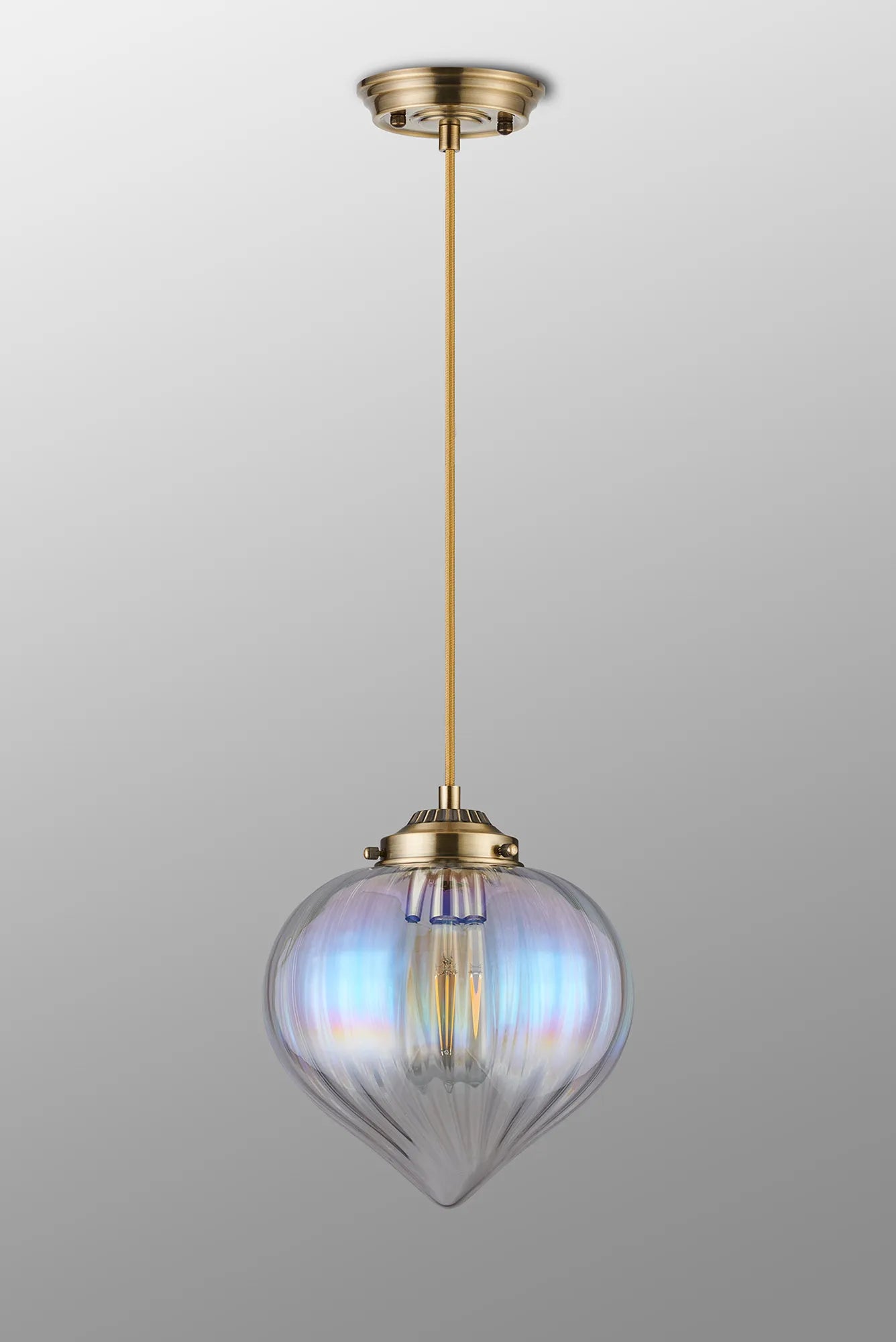 Grove Single Pendant with Flower Bud Shade - Antique Brass & Golden Brown Braided Cable & Iridescent Faded