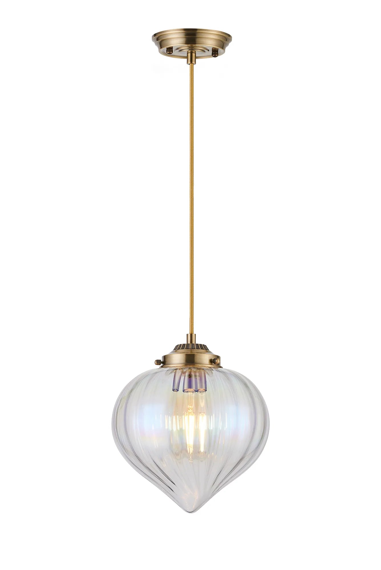 Grove Single Pendant with Flower Bud Shade - Antique Brass & Golden Brown Braided Cable & Iridescent Faded
