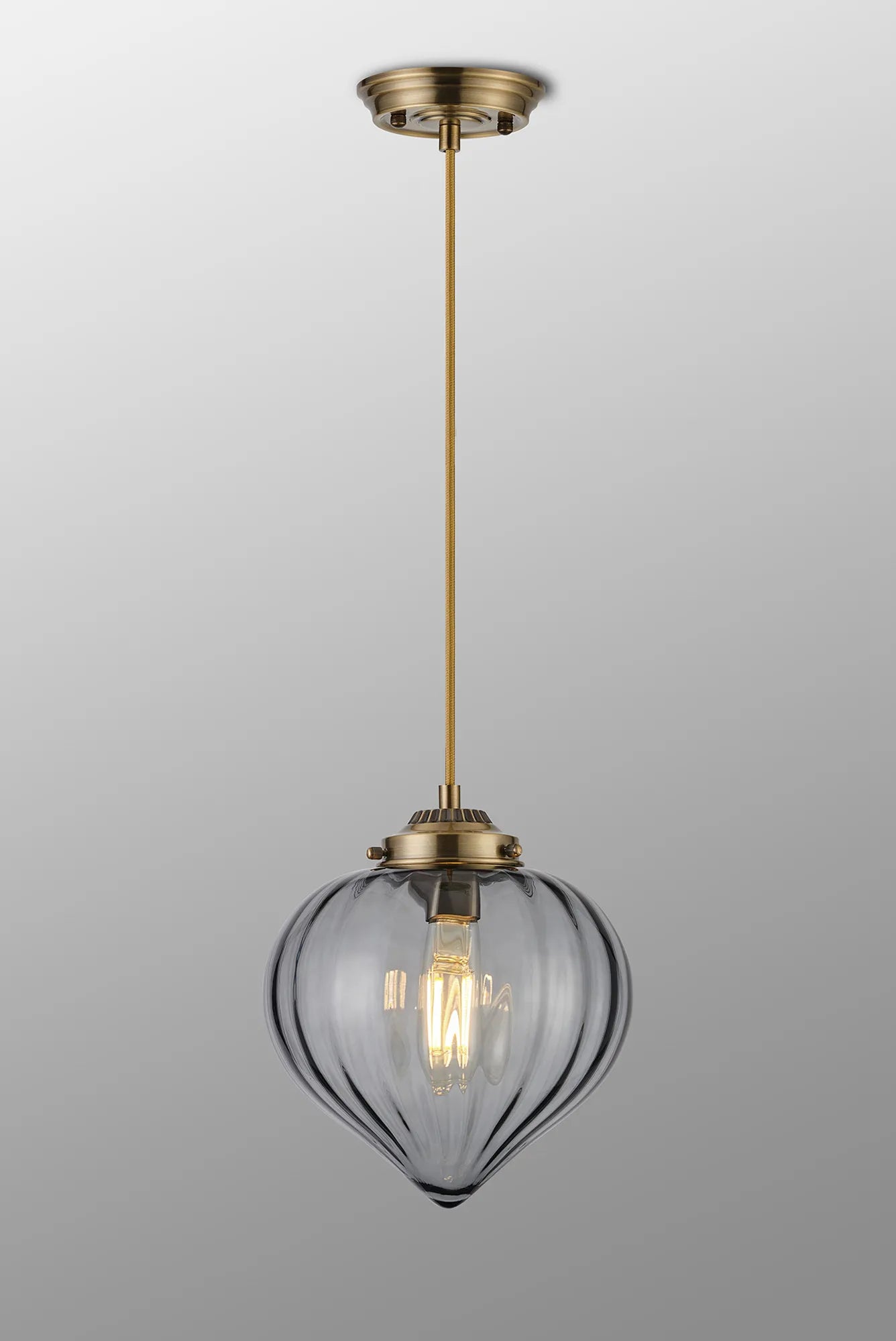 Grove Single Pendant with Flower Bud Shade - Antique Brass & Golden Brown Braided Cable & Smoke