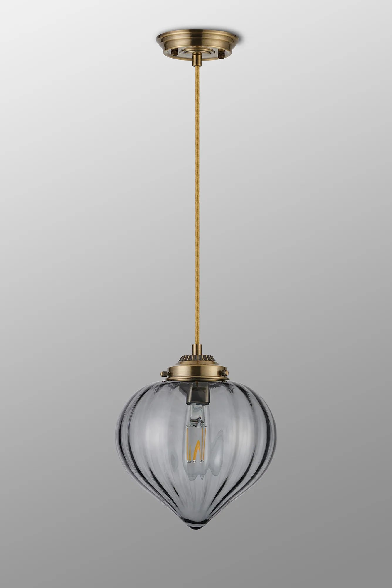 Grove Single Pendant with Flower Bud Shade - Antique Brass & Golden Brown Braided Cable & Smoke