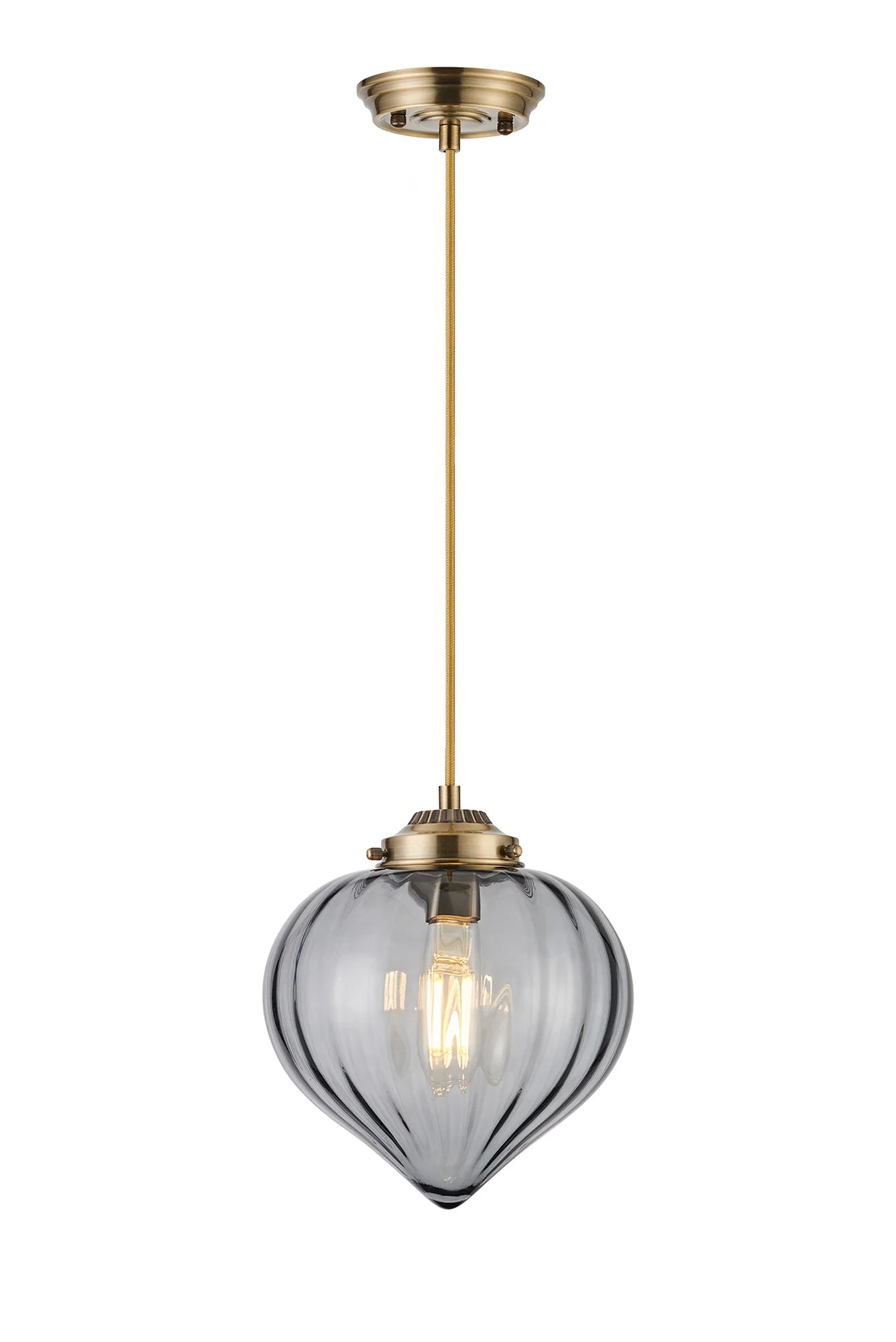 Grove Single Pendant with Flower Bud Shade - Antique Brass & Golden Brown Braided Cable & Smoke