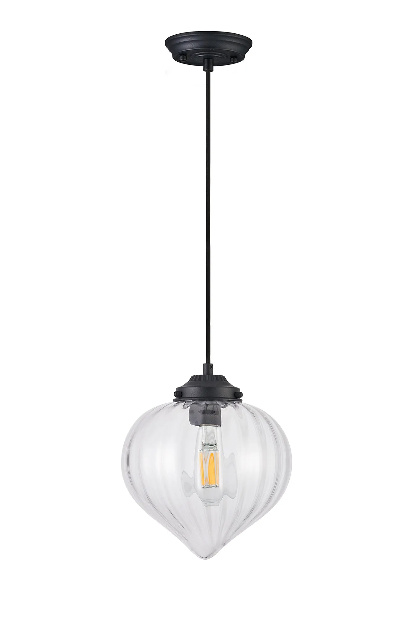 Grove Single Pendant with Flower Bud Shade - Satin Black & Black Braided Cable & Clear