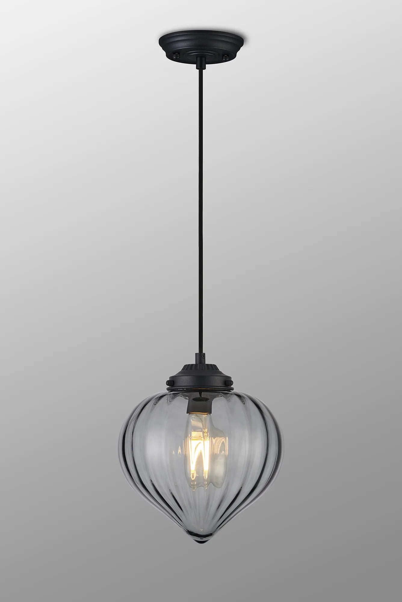 Grove Single Pendant with Flower Bud Shade - Satin Black & Black Braided Cable & Smoke