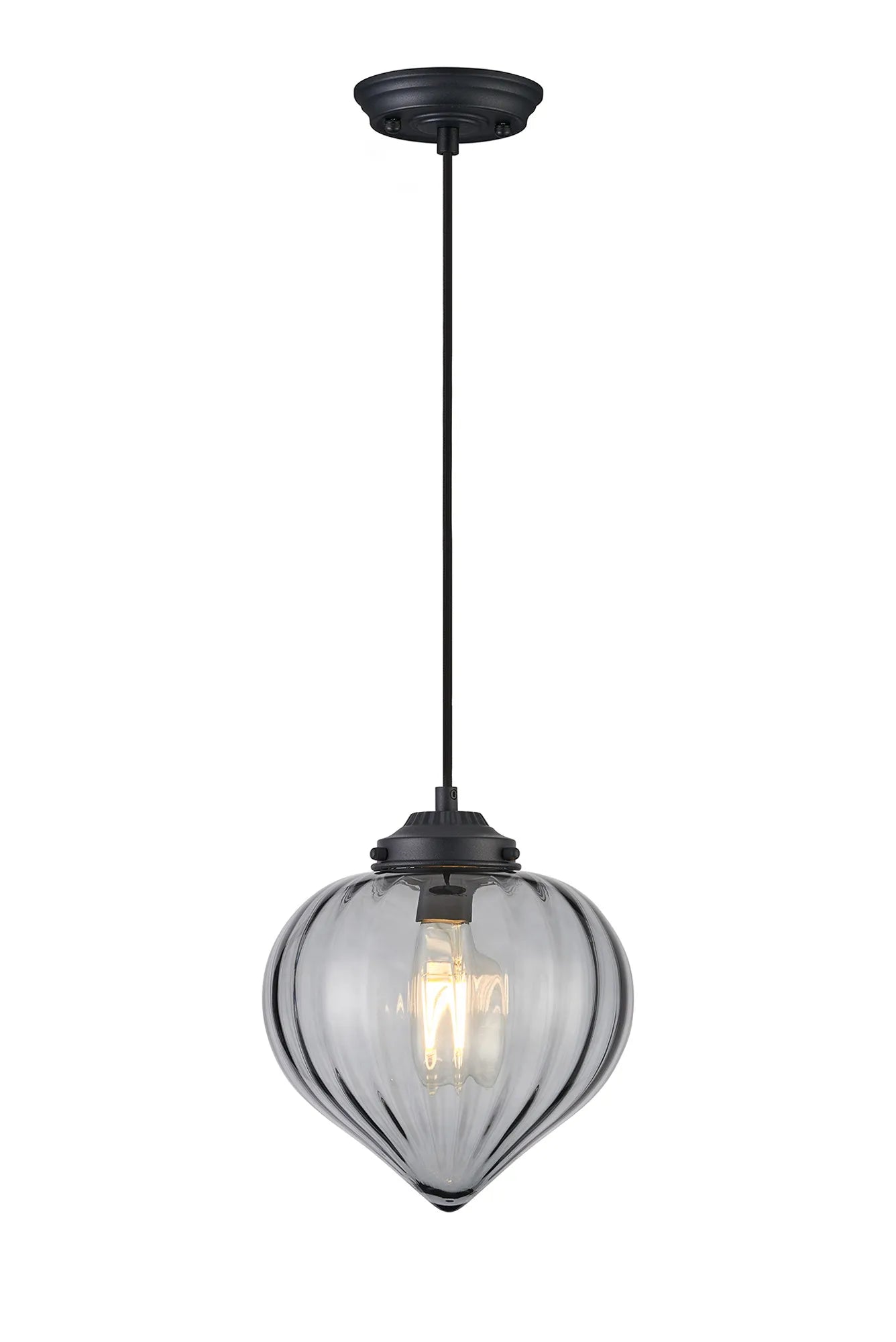 Grove Single Pendant with Flower Bud Shade - Satin Black & Black Braided Cable & Smoke
