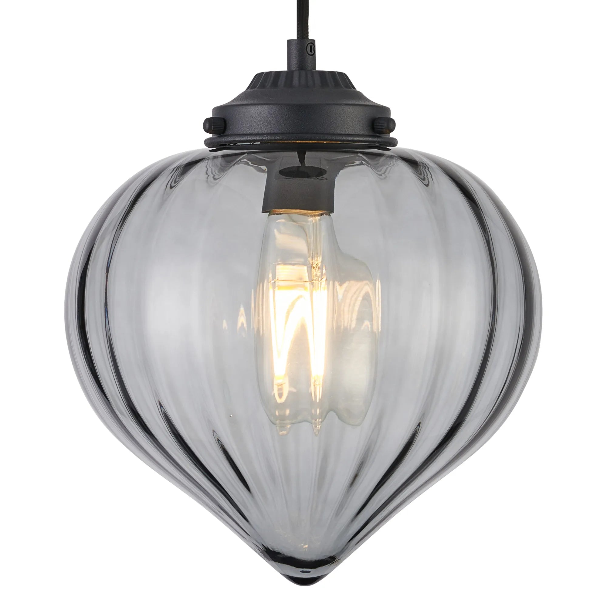 Grove Single Pendant with Flower Bud Shade - Satin Black & Black Braided Cable & Smoke