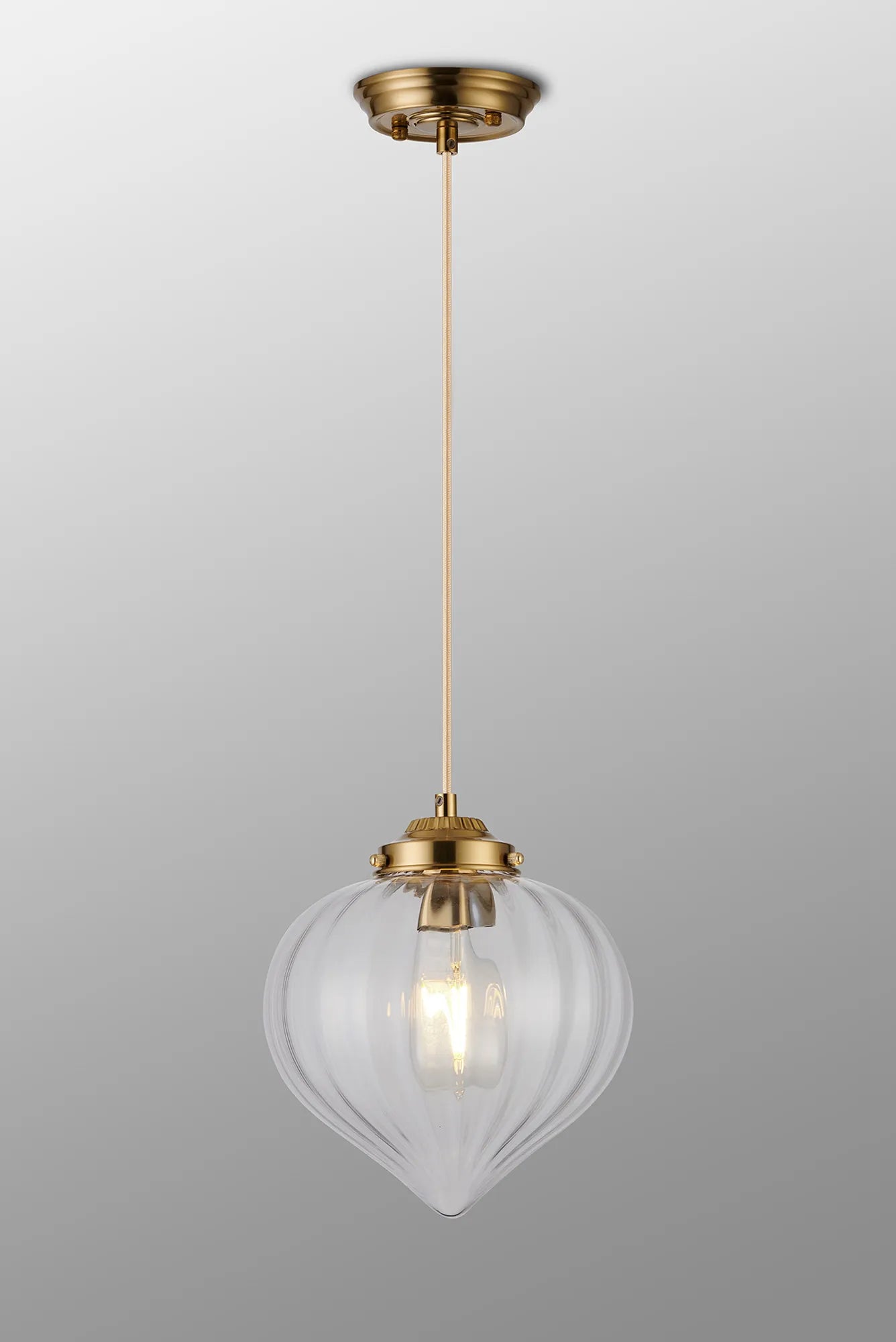 Grove Single Pendant with Flower Bud Shade - Brass & Pale Gold Braided Cable & Clear