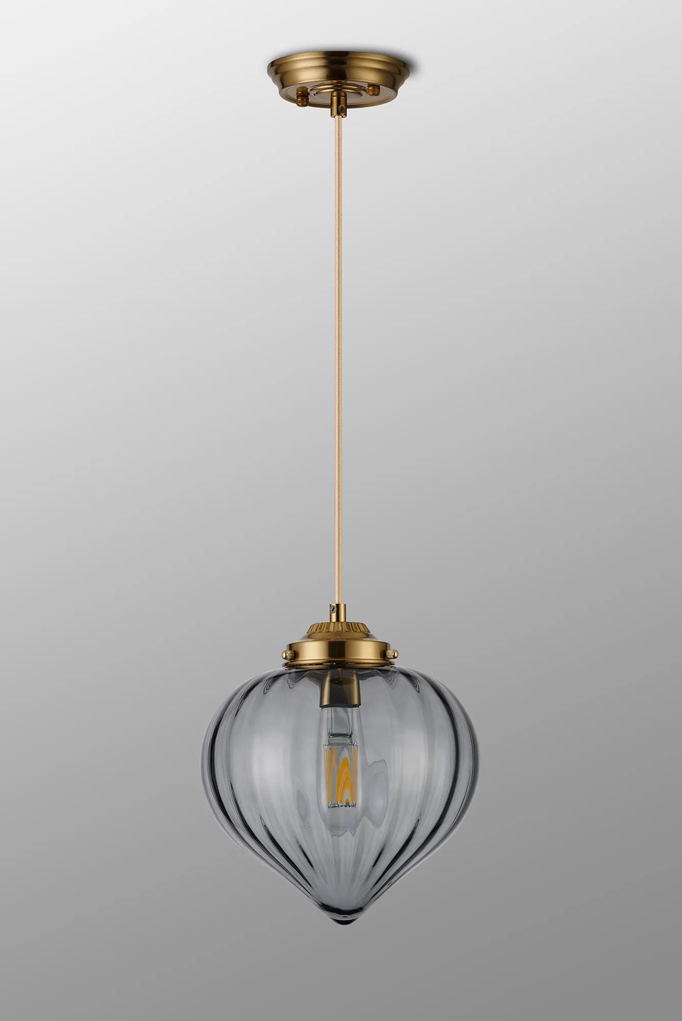 Grove Single Pendant with Flower Bud Shade - Brass & Pale Gold Braided Cable & Smoke