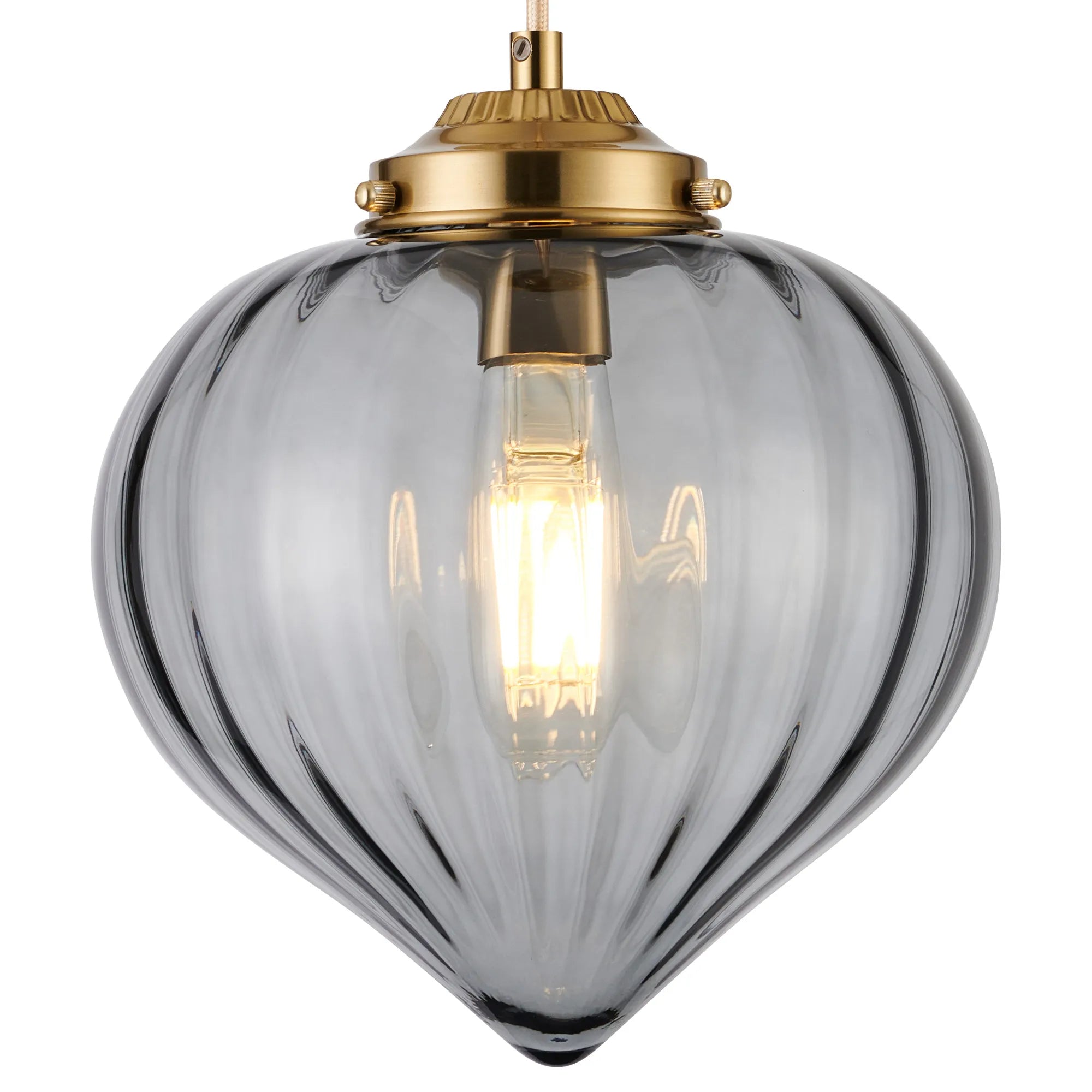 Grove Single Pendant with Flower Bud Shade - Brass & Pale Gold Braided Cable & Smoke