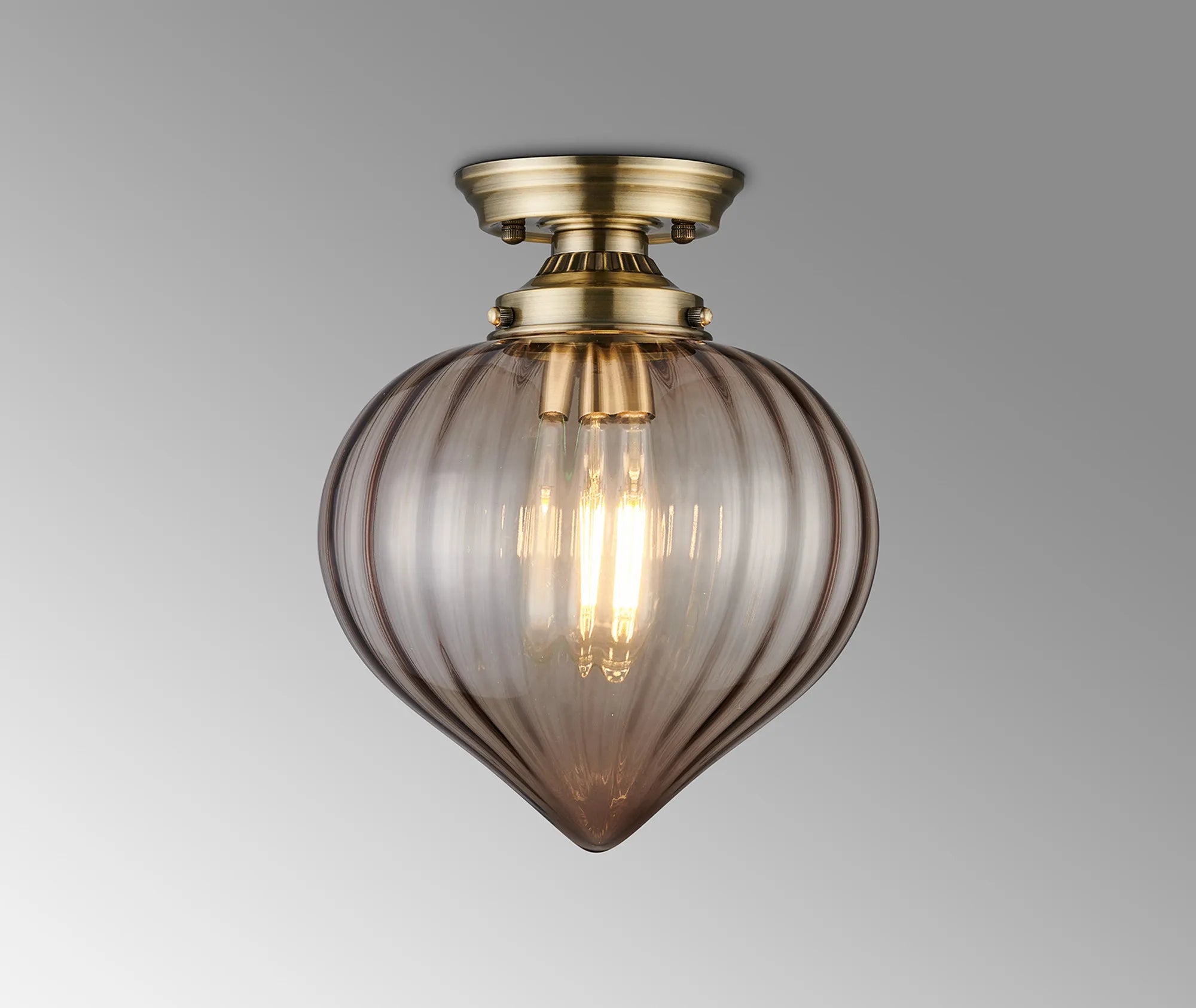 Grove Flush Ceiling Light with Flower Bud Shade - Antique Brass & Cognac