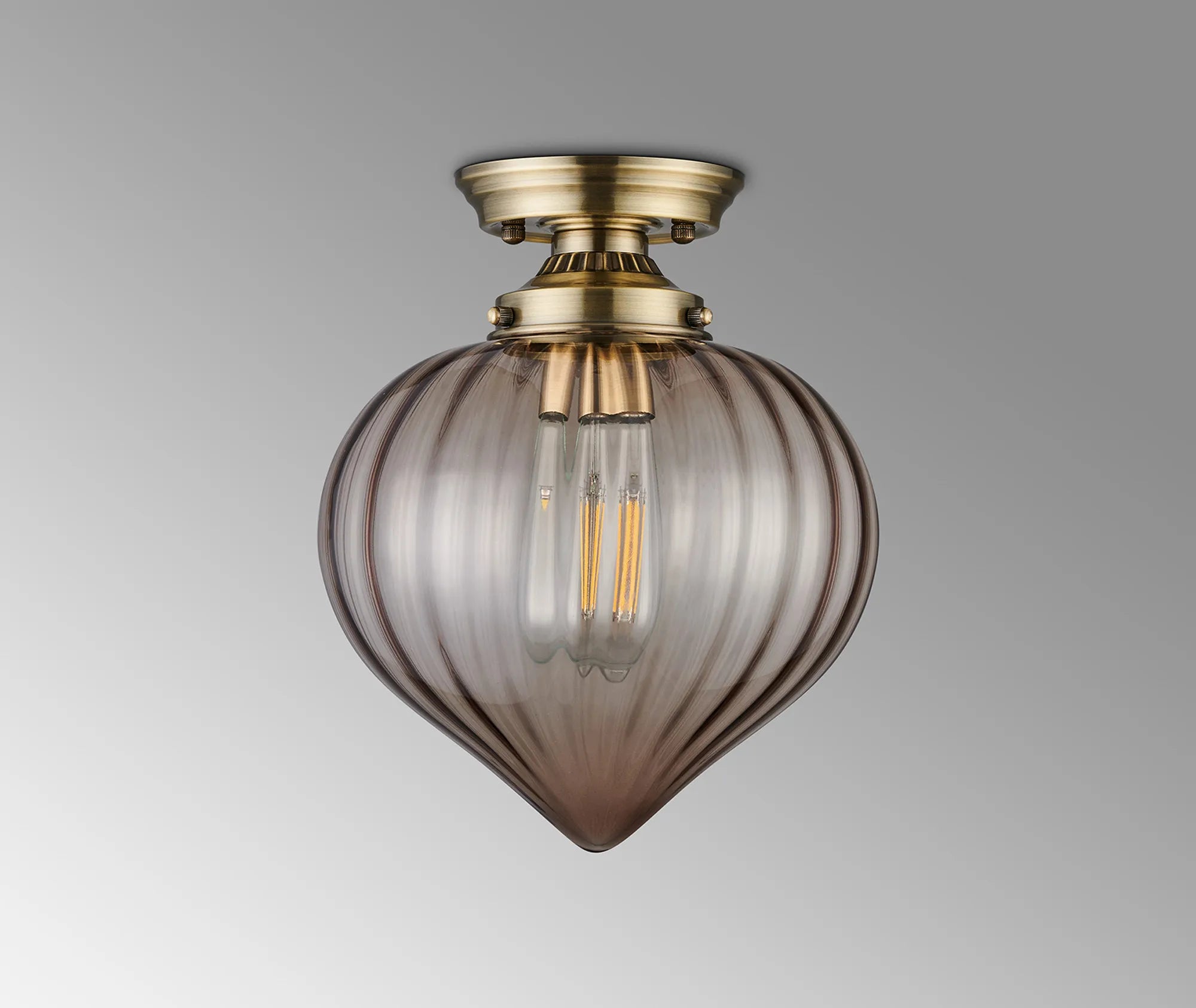Grove Flush Ceiling Light with Flower Bud Shade - Antique Brass & Cognac