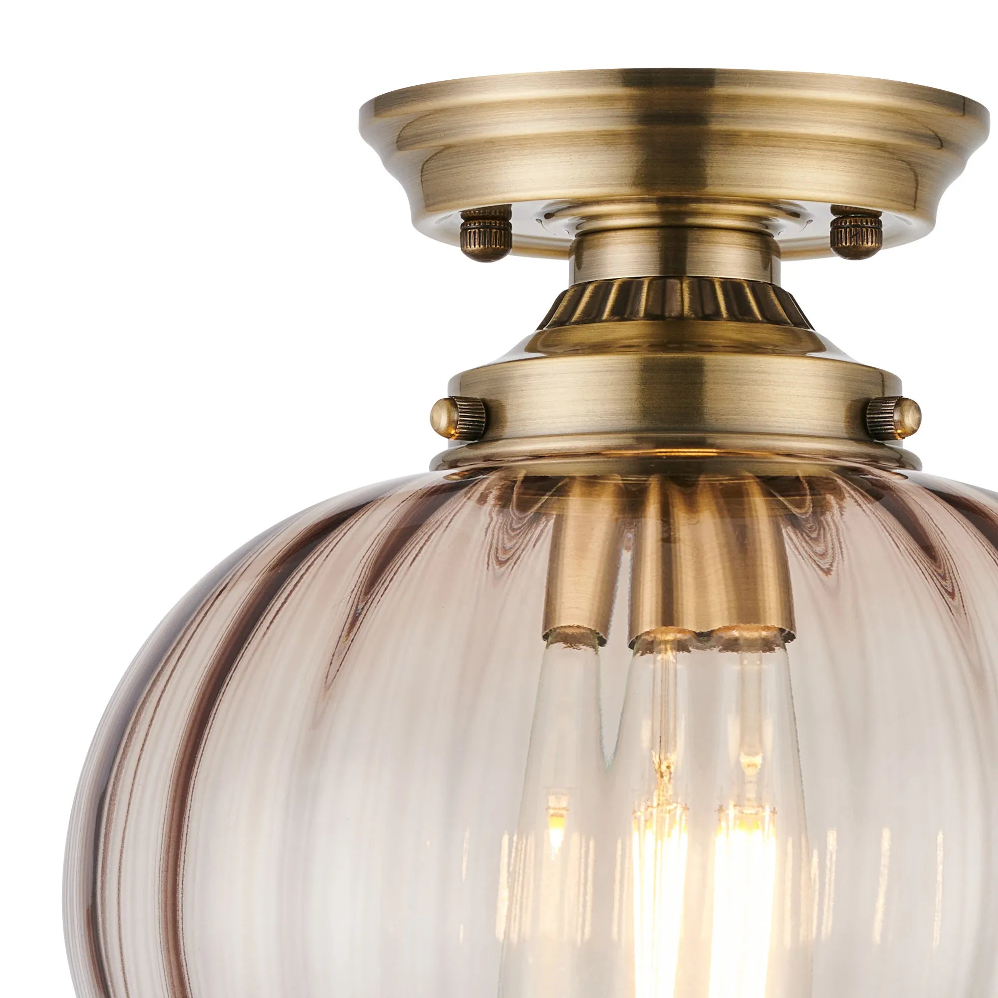 Grove Flush Ceiling Light with Flower Bud Shade - Antique Brass & Cognac