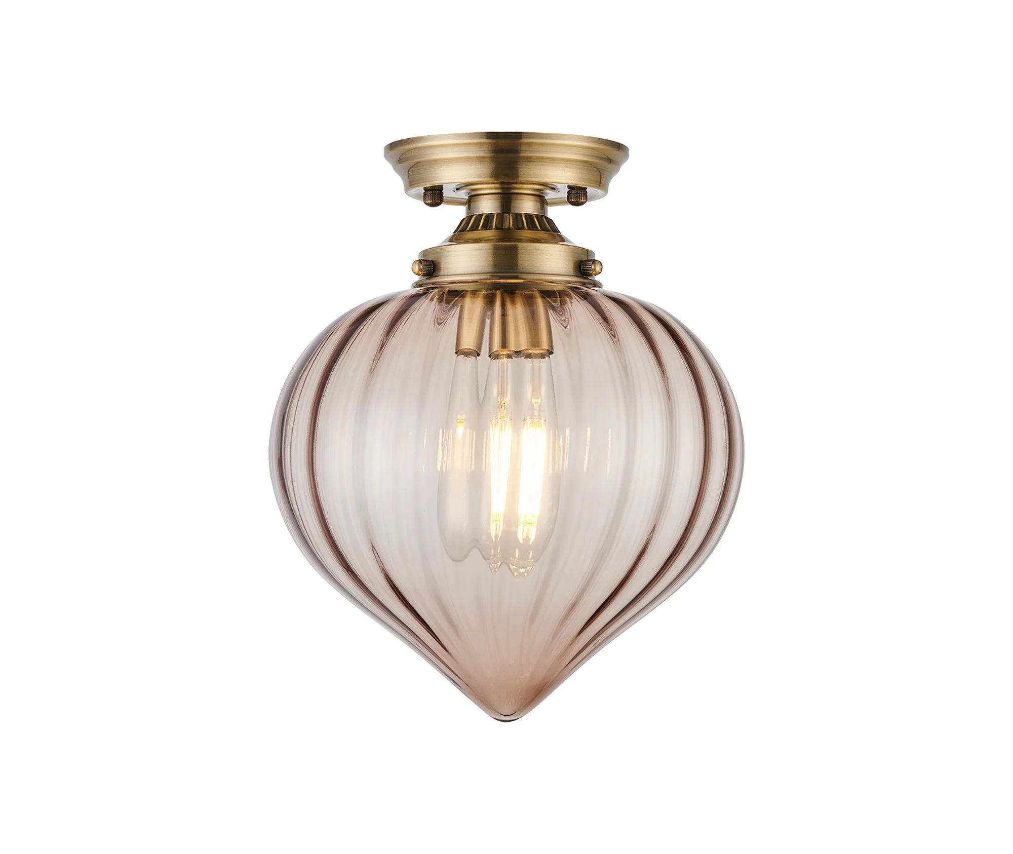 Grove Flush Ceiling Light with Flower Bud Shade - Antique Brass & Cognac