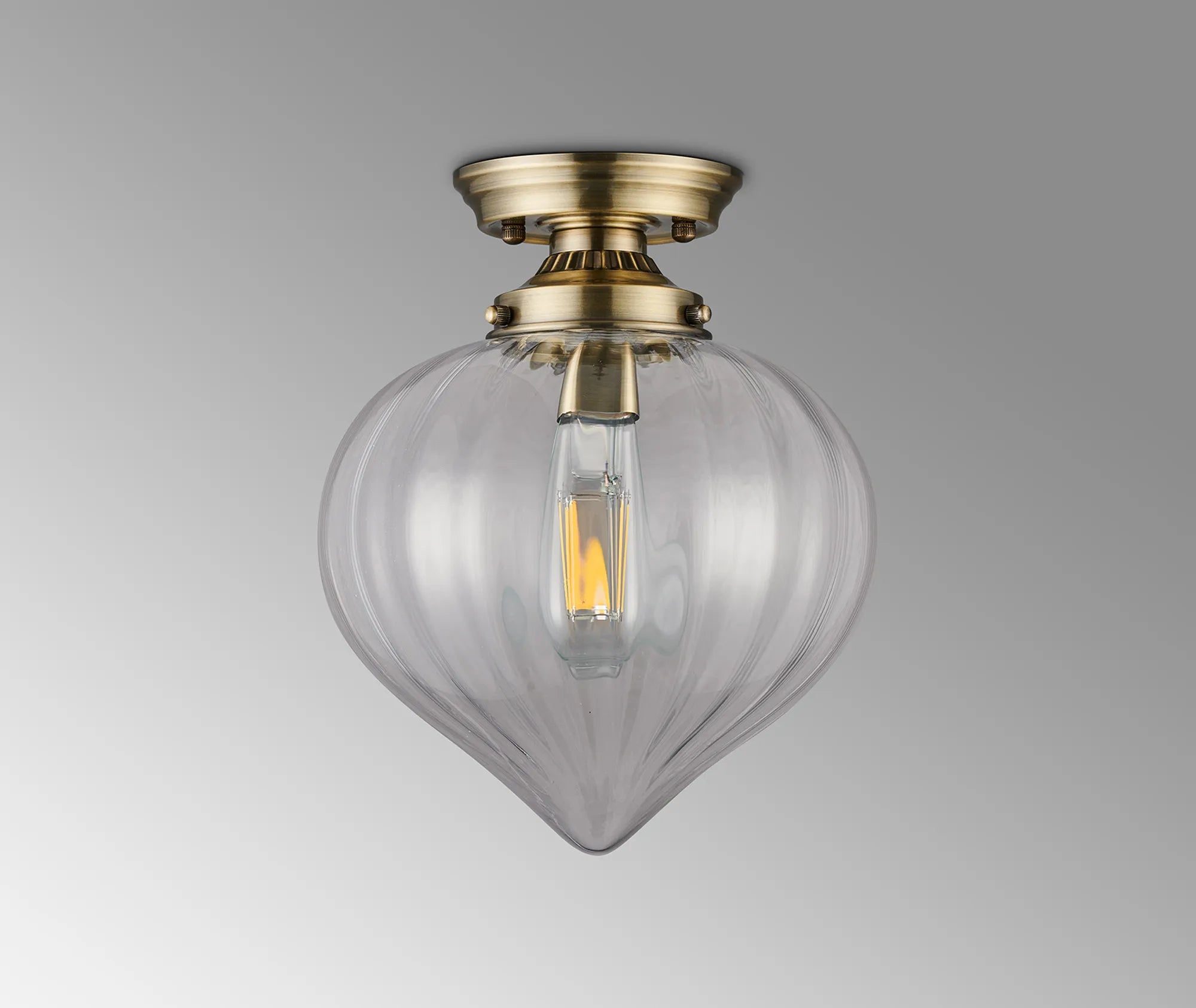 Grove Flush Ceiling Light with Flower Bud Shade - Antique Brass & Clear