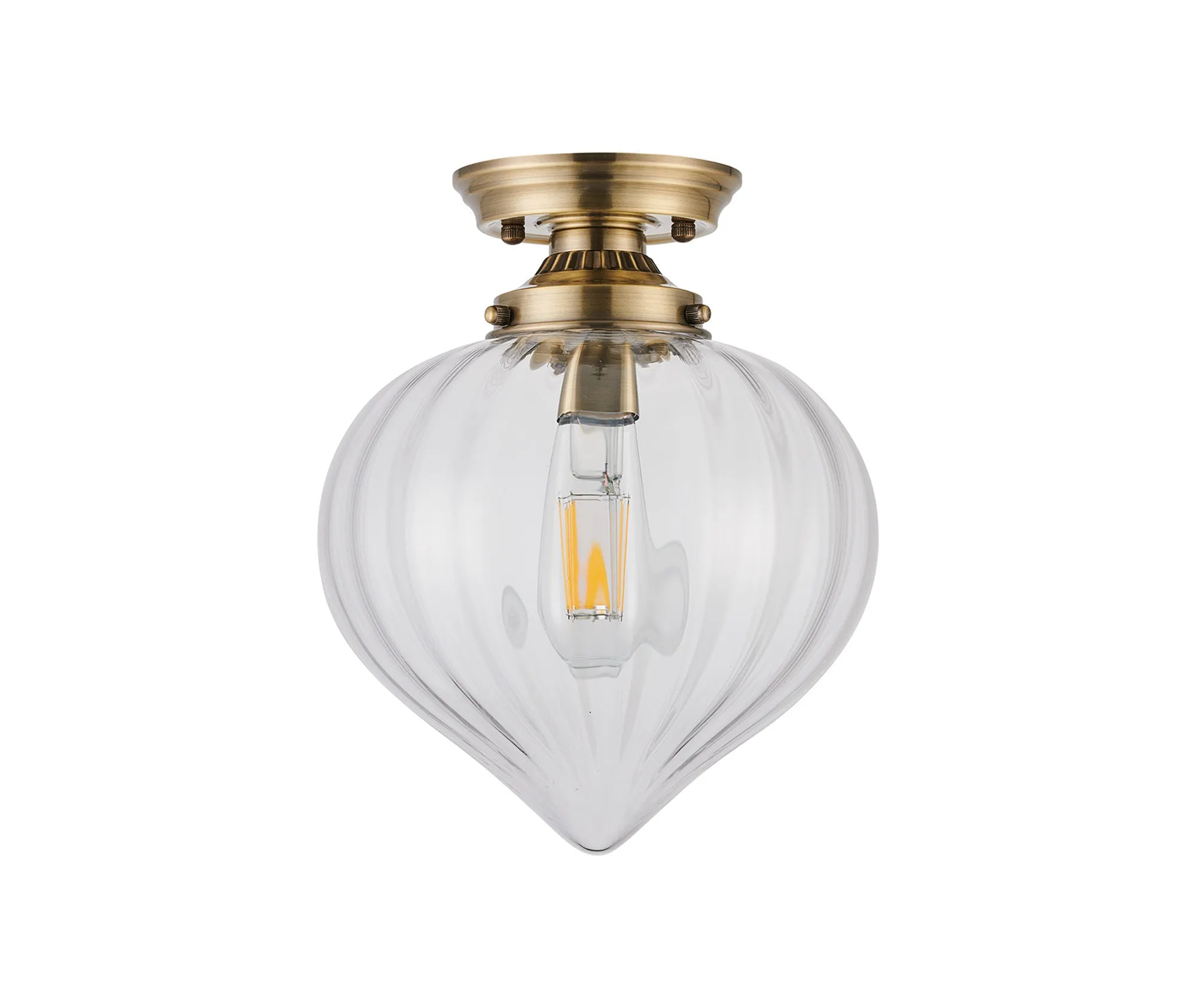 Grove Flush Ceiling Light with Flower Bud Shade - Antique Brass & Clear