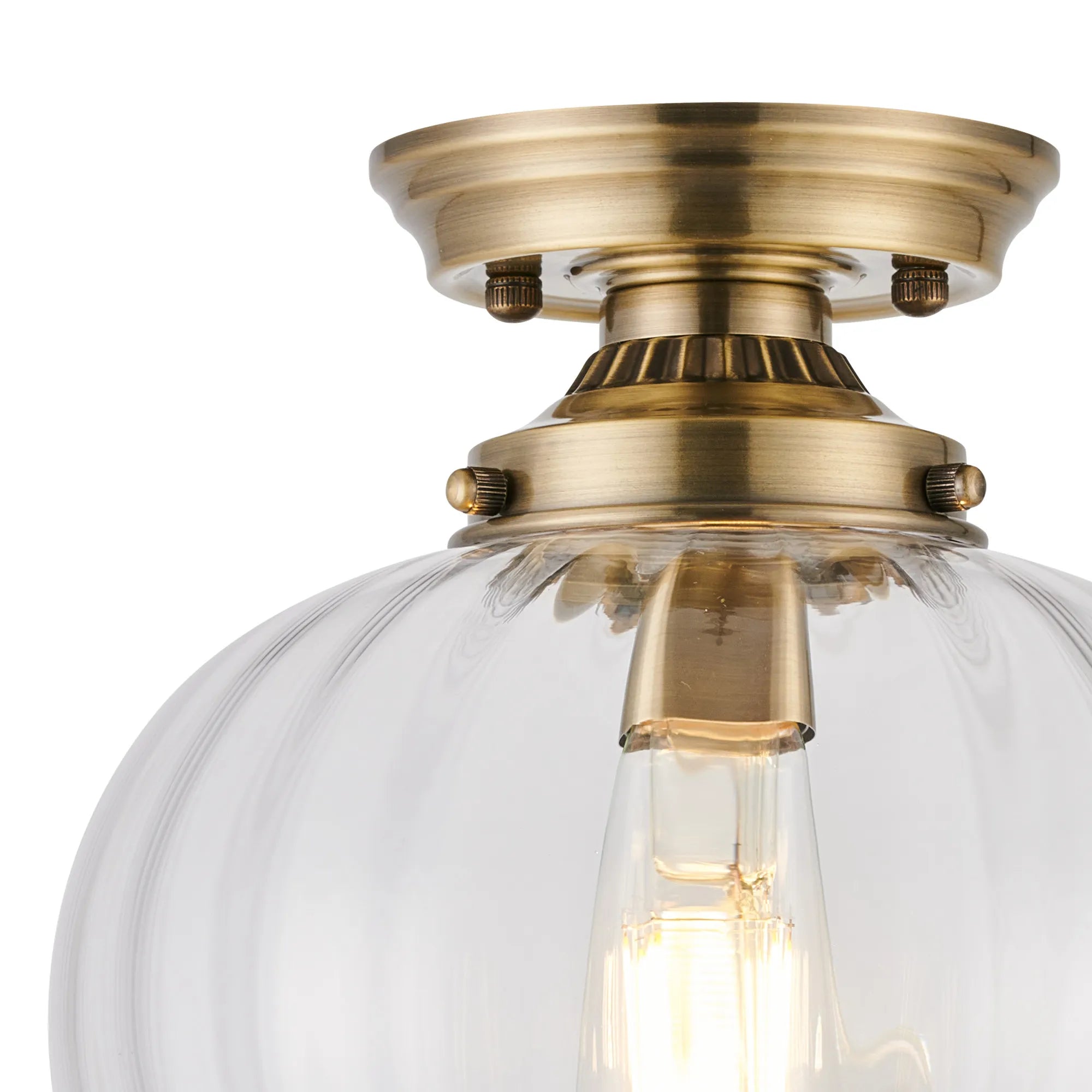 Grove Flush Ceiling Light with Flower Bud Shade - Antique Brass & Clear