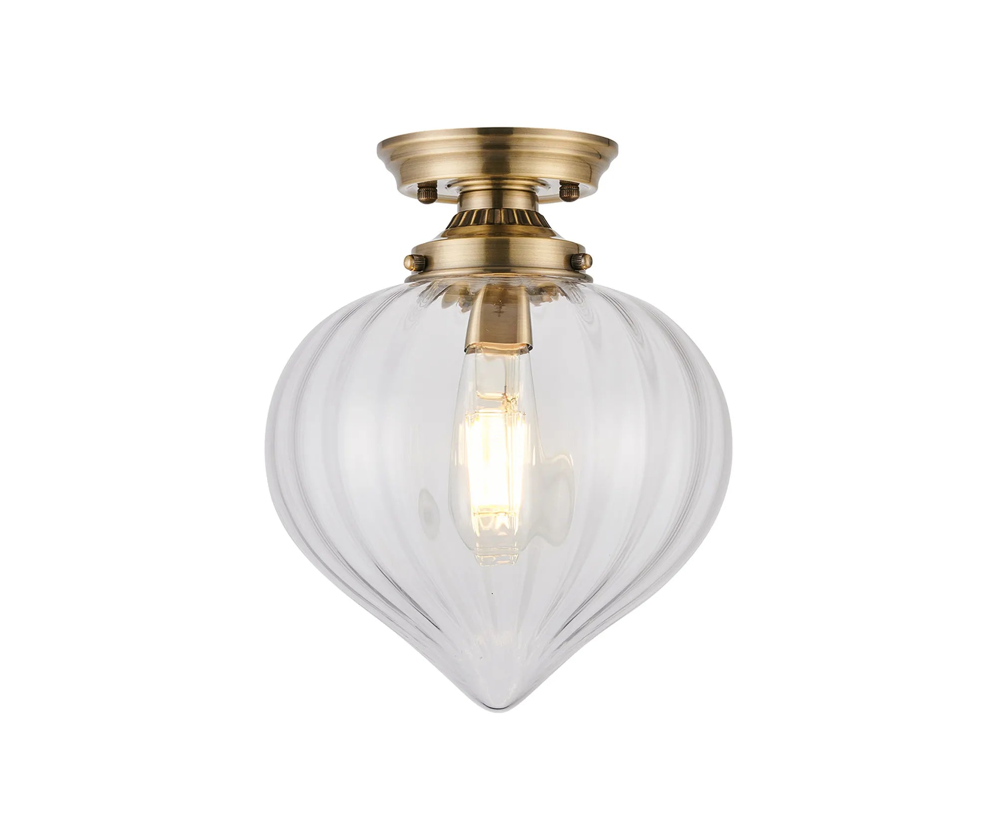 Grove Flush Ceiling Light with Flower Bud Shade - Antique Brass & Clear