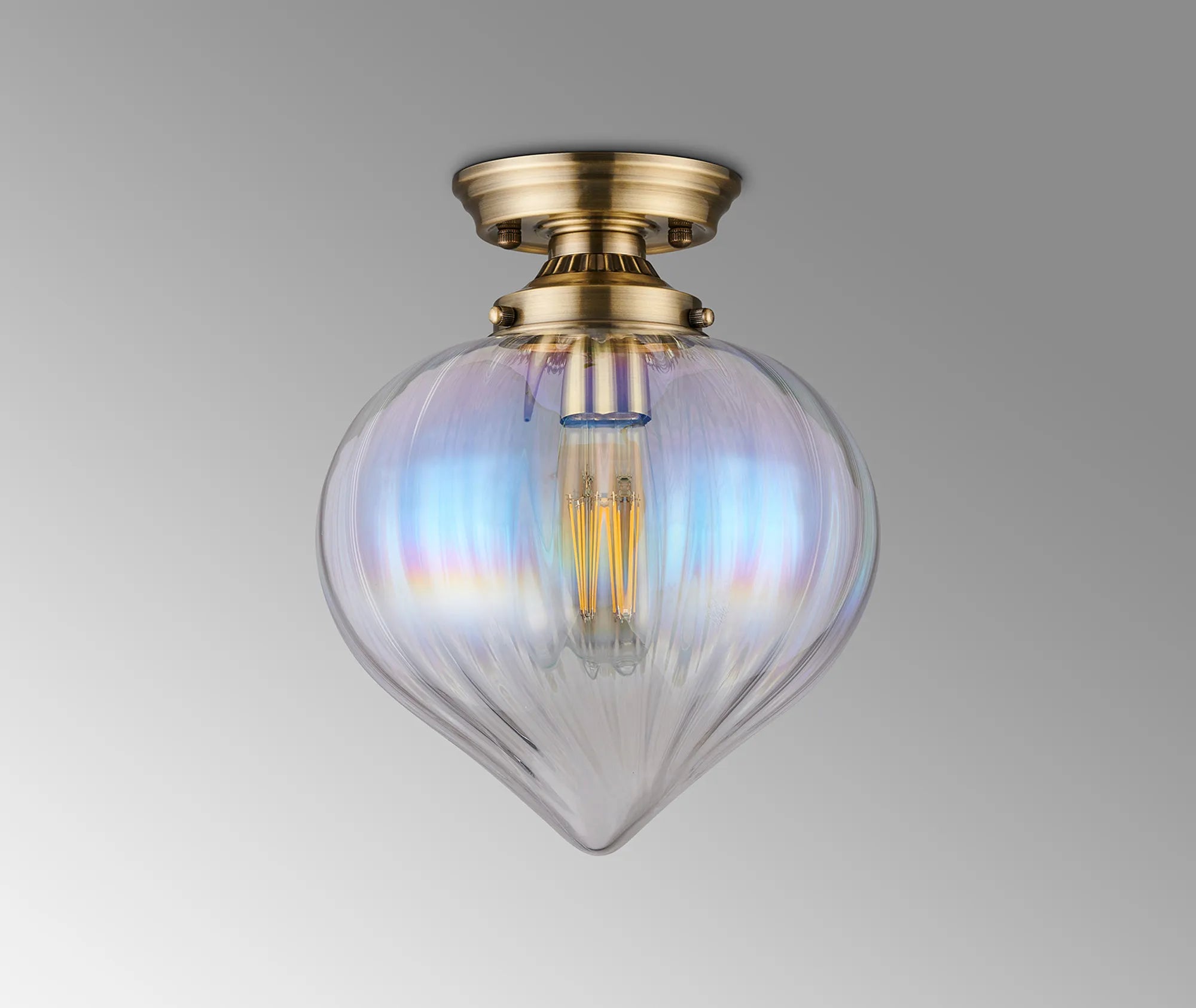 Grove Flush Ceiling Light with Flower Bud Shade - Antique Brass & Iridescent Faded