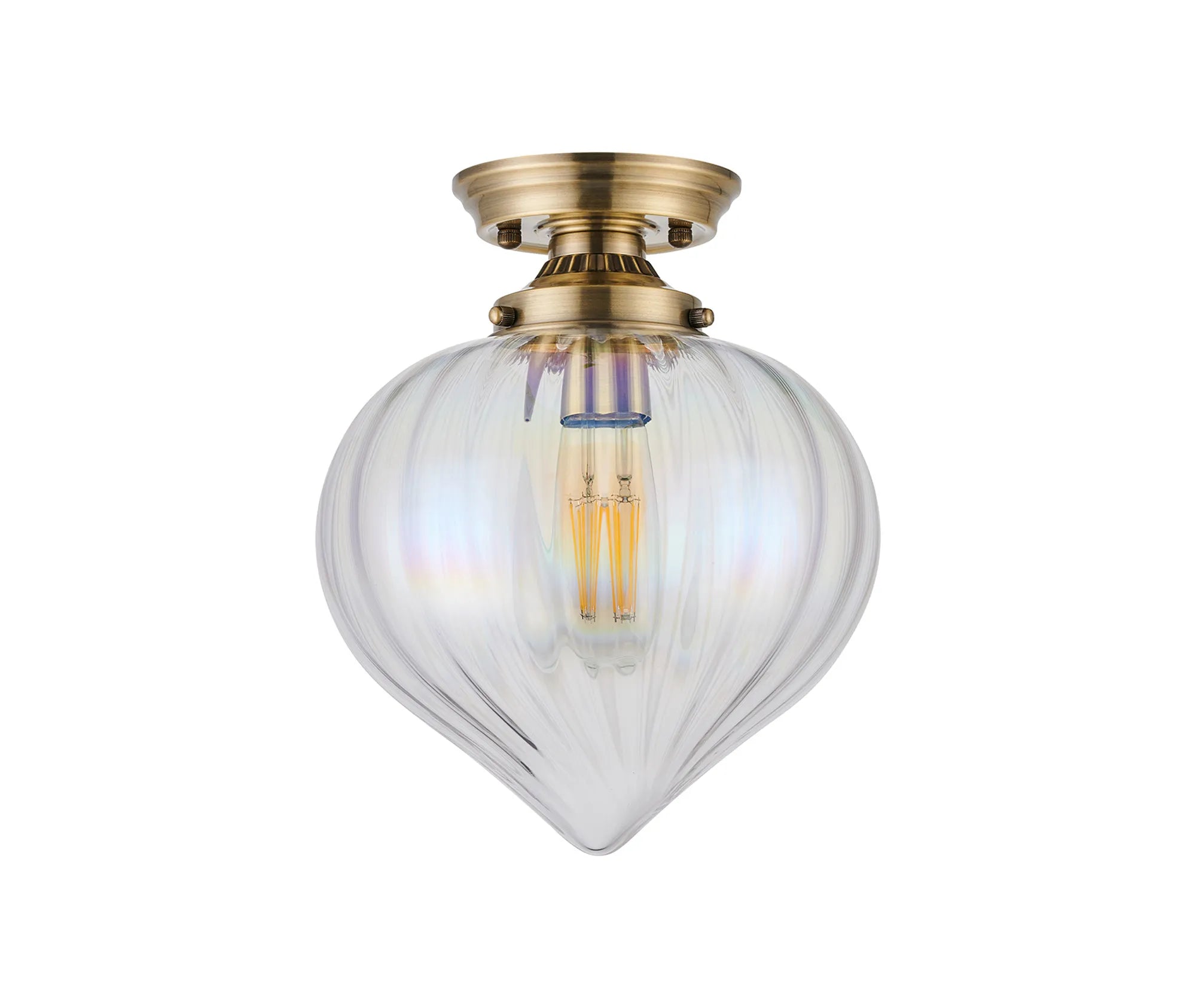 Grove Flush Ceiling Light with Flower Bud Shade - Antique Brass & Iridescent Faded