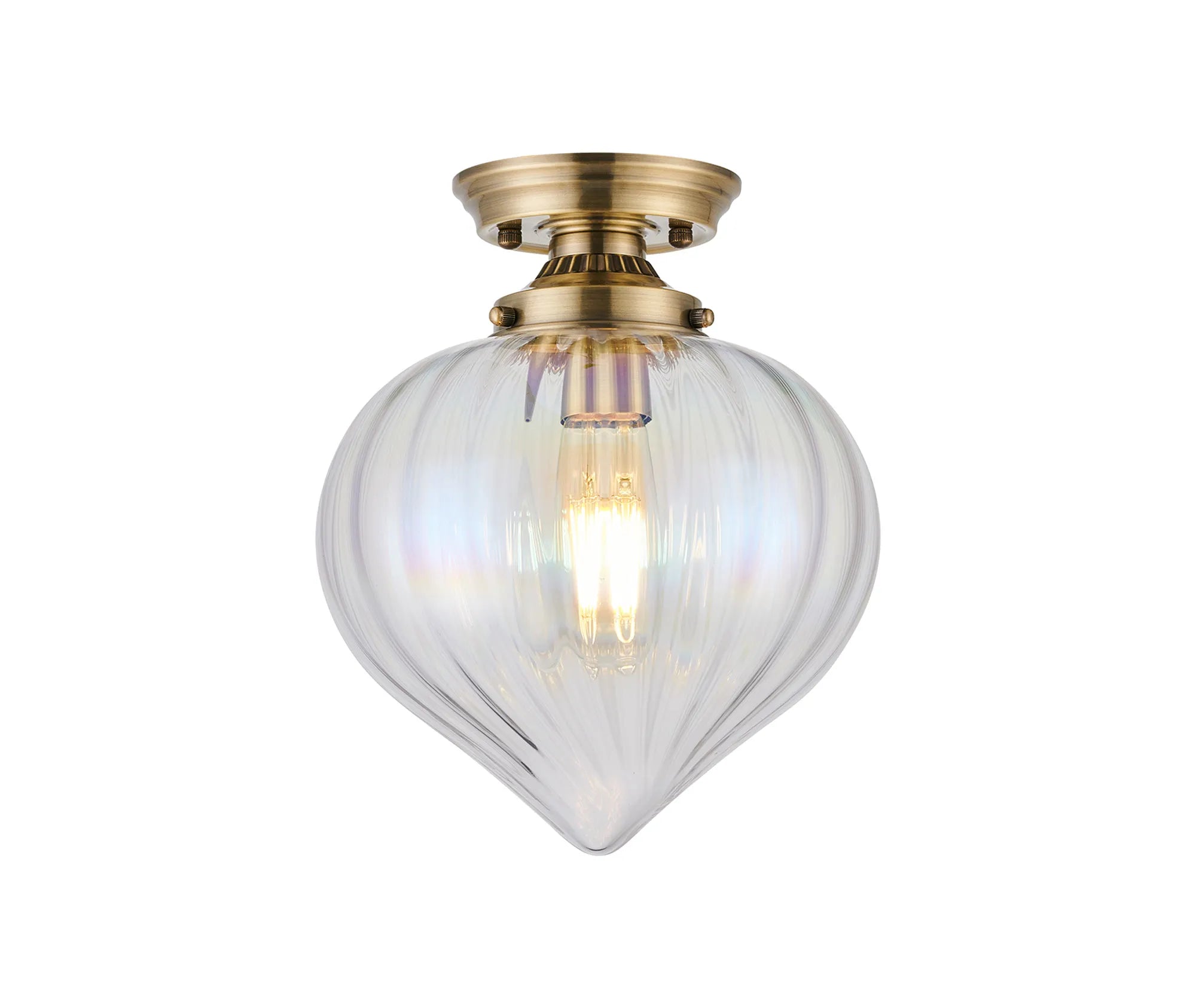 Grove Flush Ceiling Light with Flower Bud Shade - Antique Brass & Iridescent Faded