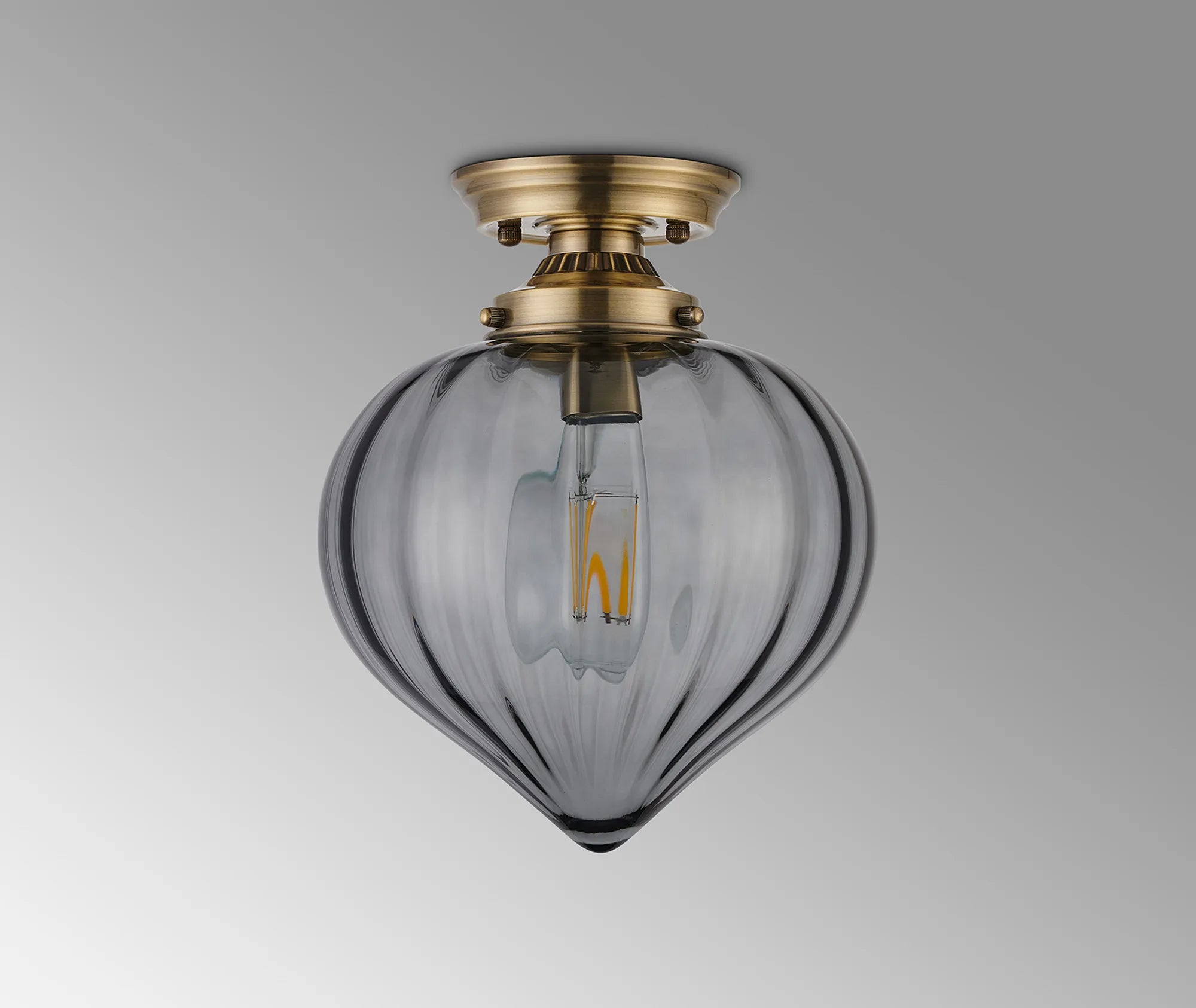 Grove Flush Ceiling Light with Flower Bud Shade - Antique Brass & Smoke