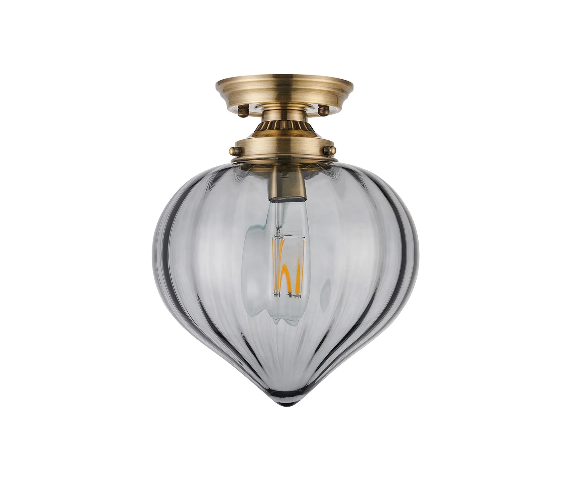 Grove Flush Ceiling Light with Flower Bud Shade - Antique Brass & Smoke