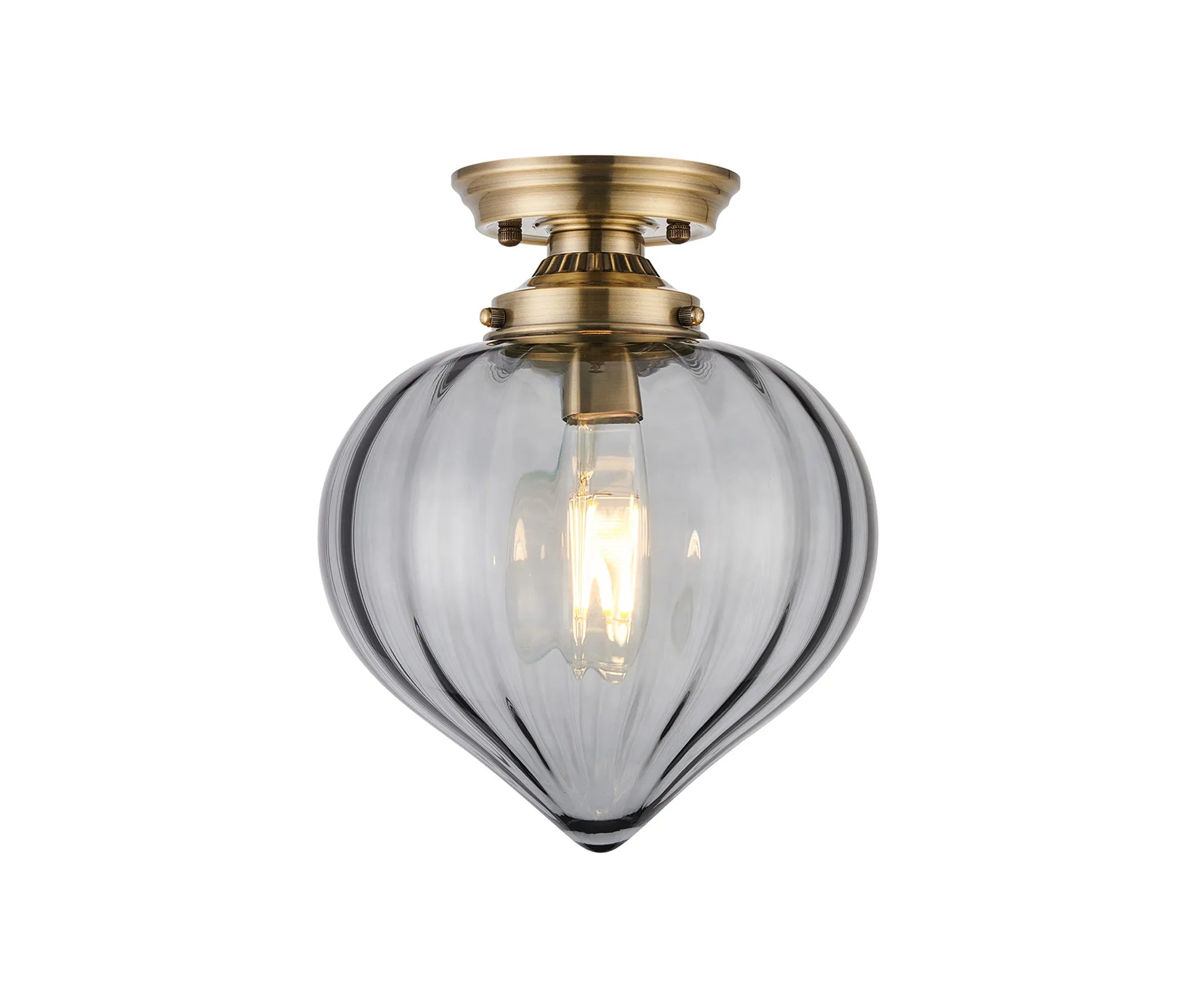 Grove Flush Ceiling Light with Flower Bud Shade - Antique Brass & Smoke